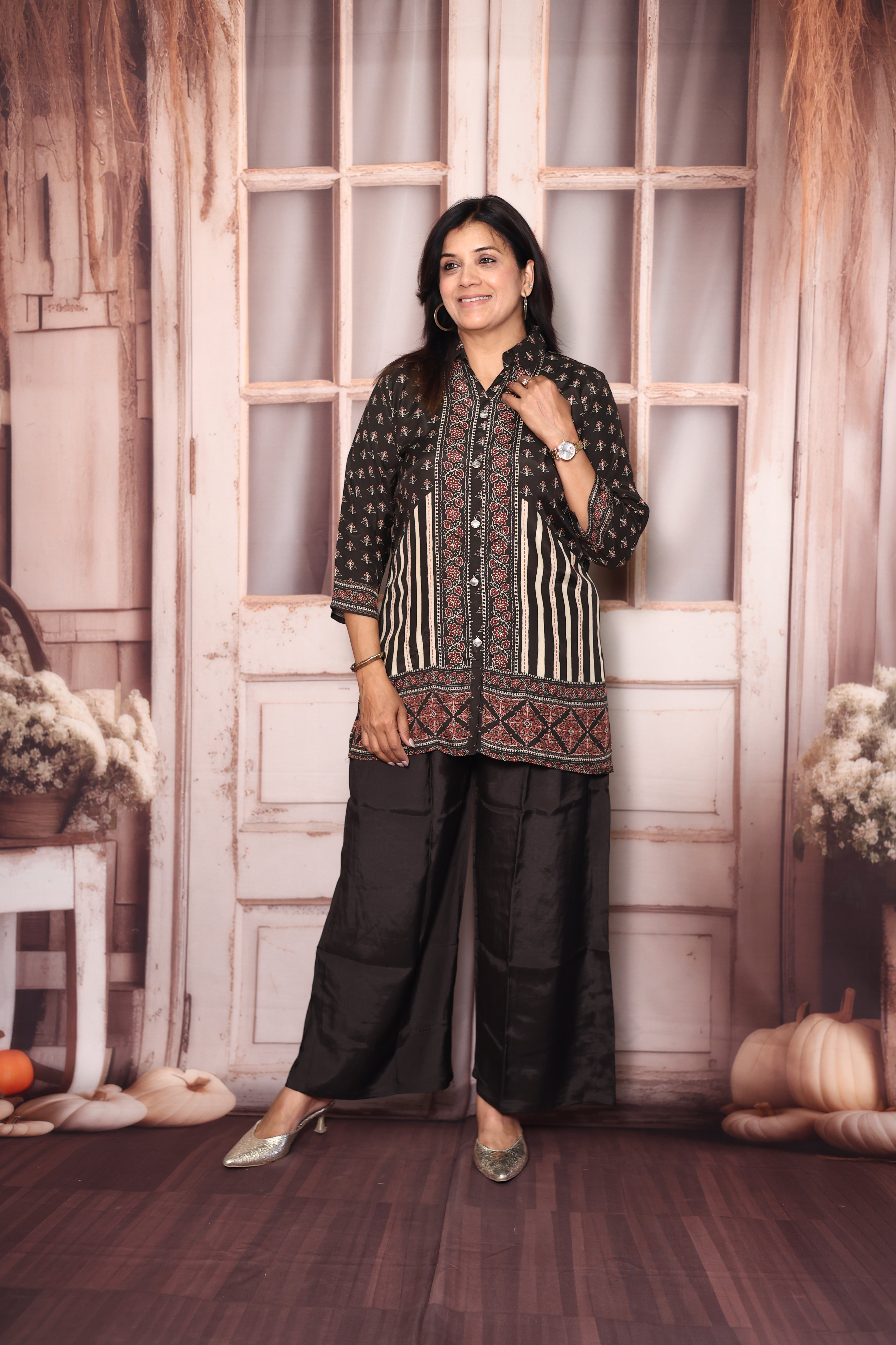 Black Kalamkari Print Collared Co-Ord Set | Elegant Crepe Indo-Western Wear