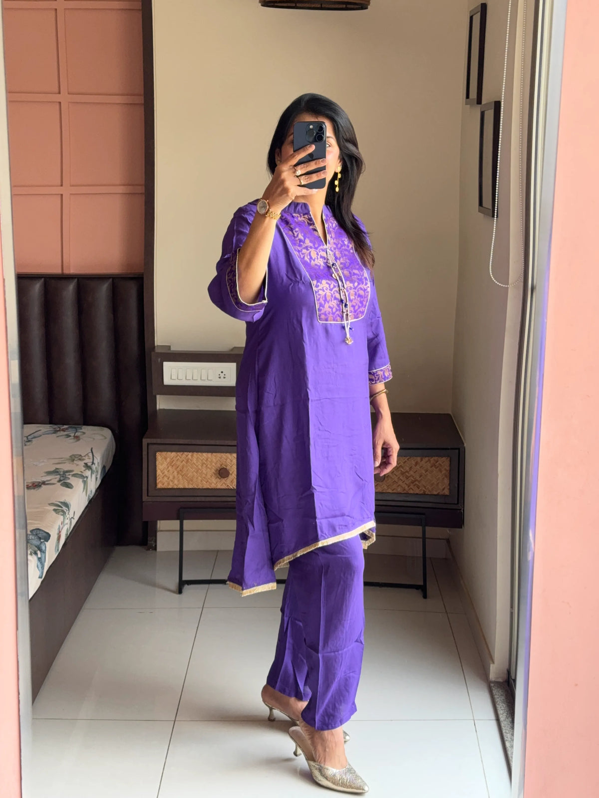 Purple - Brocade Yoke Work Kurta Pant Set | Pure Muslin Silk