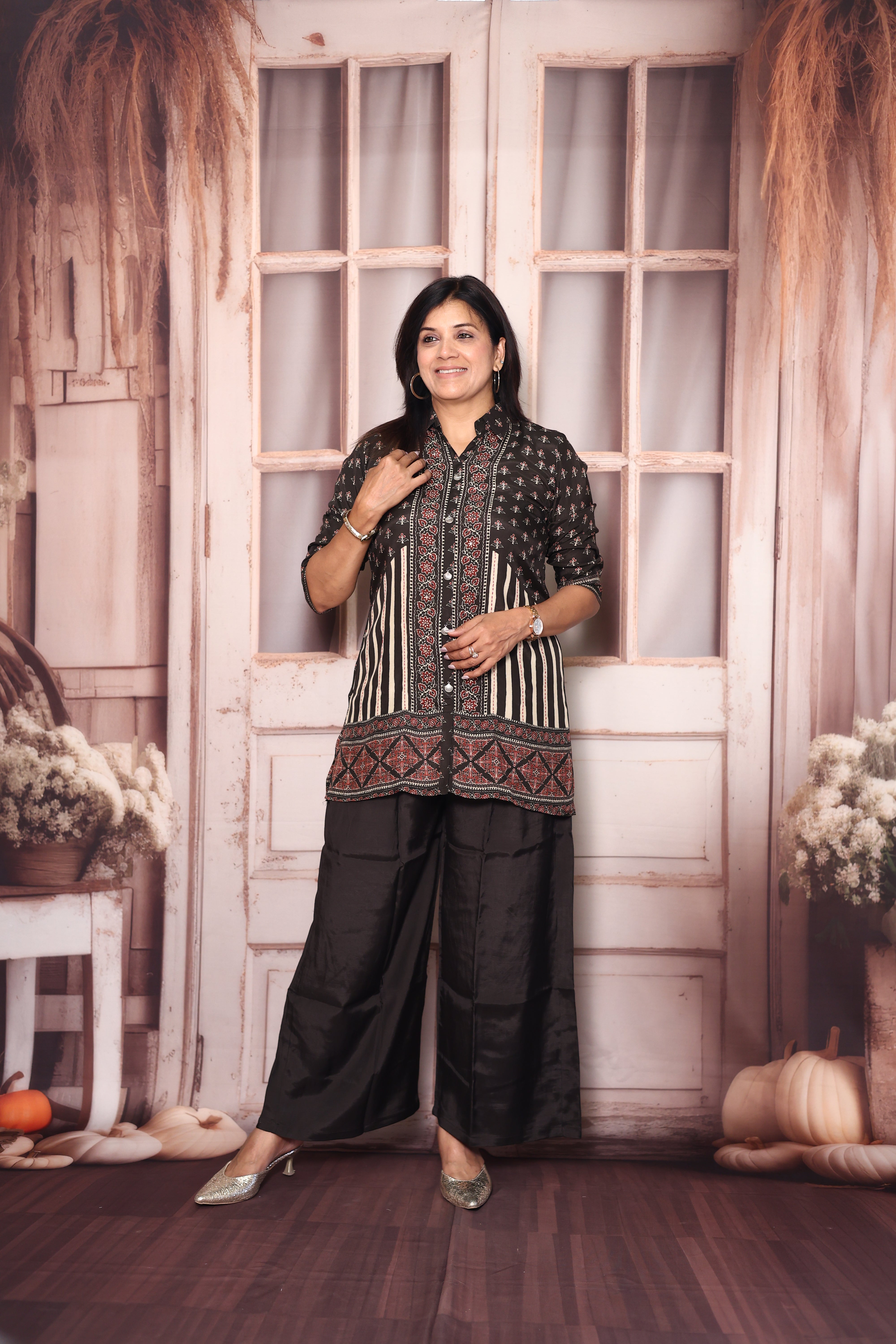 Black Kalamkari Print Collared Co-Ord Set | Elegant Crepe Indo-Western Wear