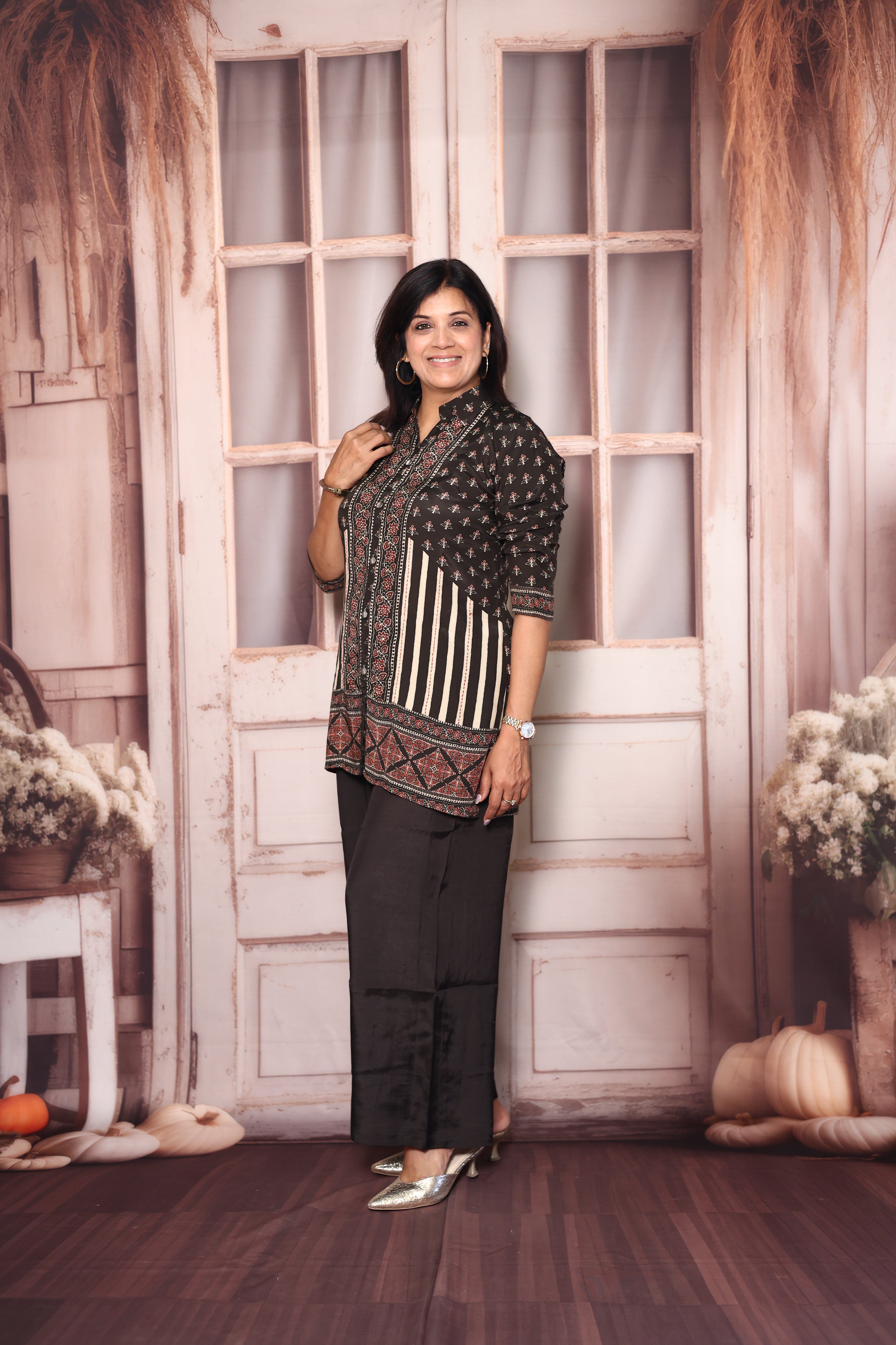 Black Kalamkari Print Collared Co-Ord Set | Elegant Crepe Indo-Western Wear