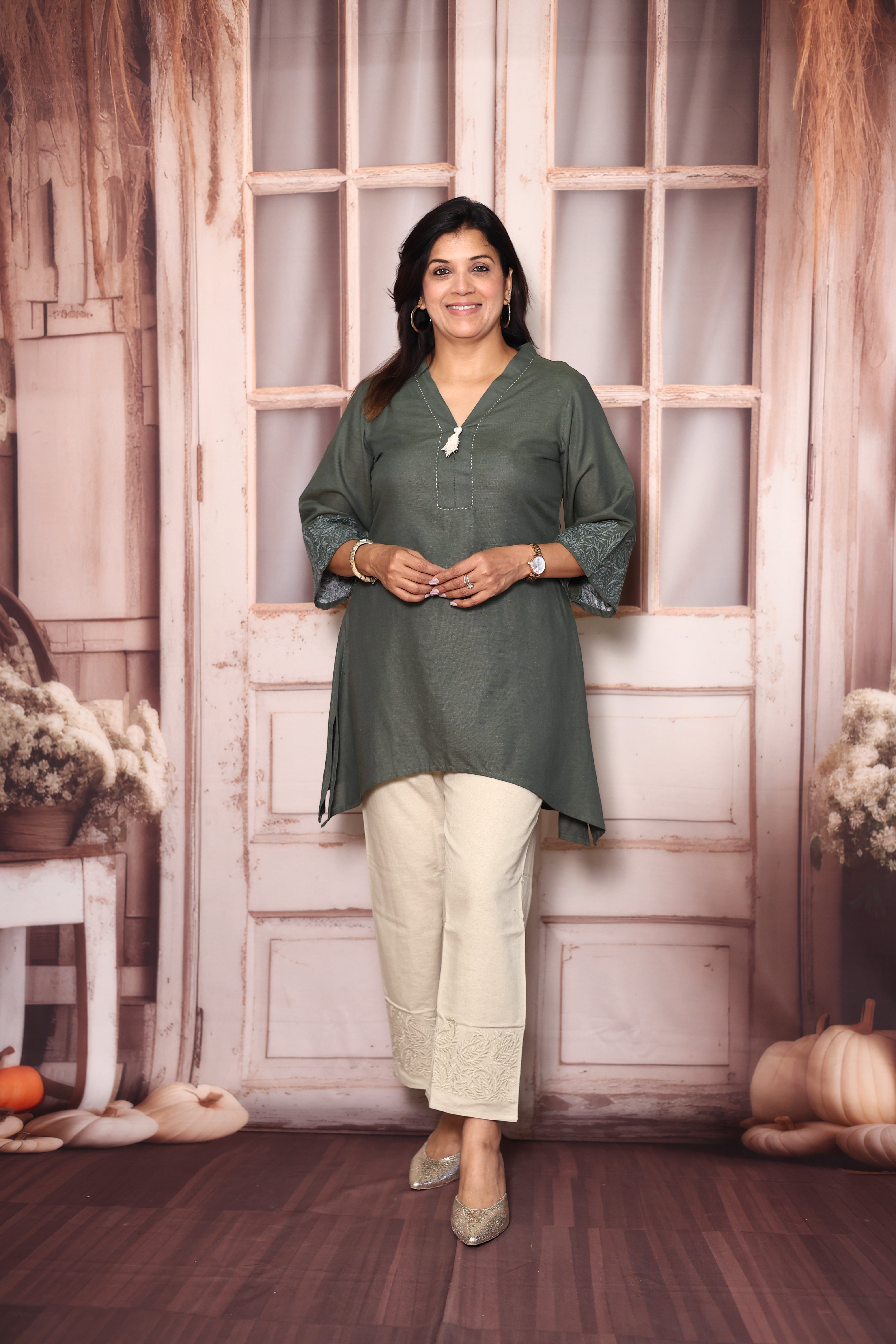 Green & Sage - Tail cut Top Pant Co-Ord Set | Self Thread Work Cotton Casual Wear