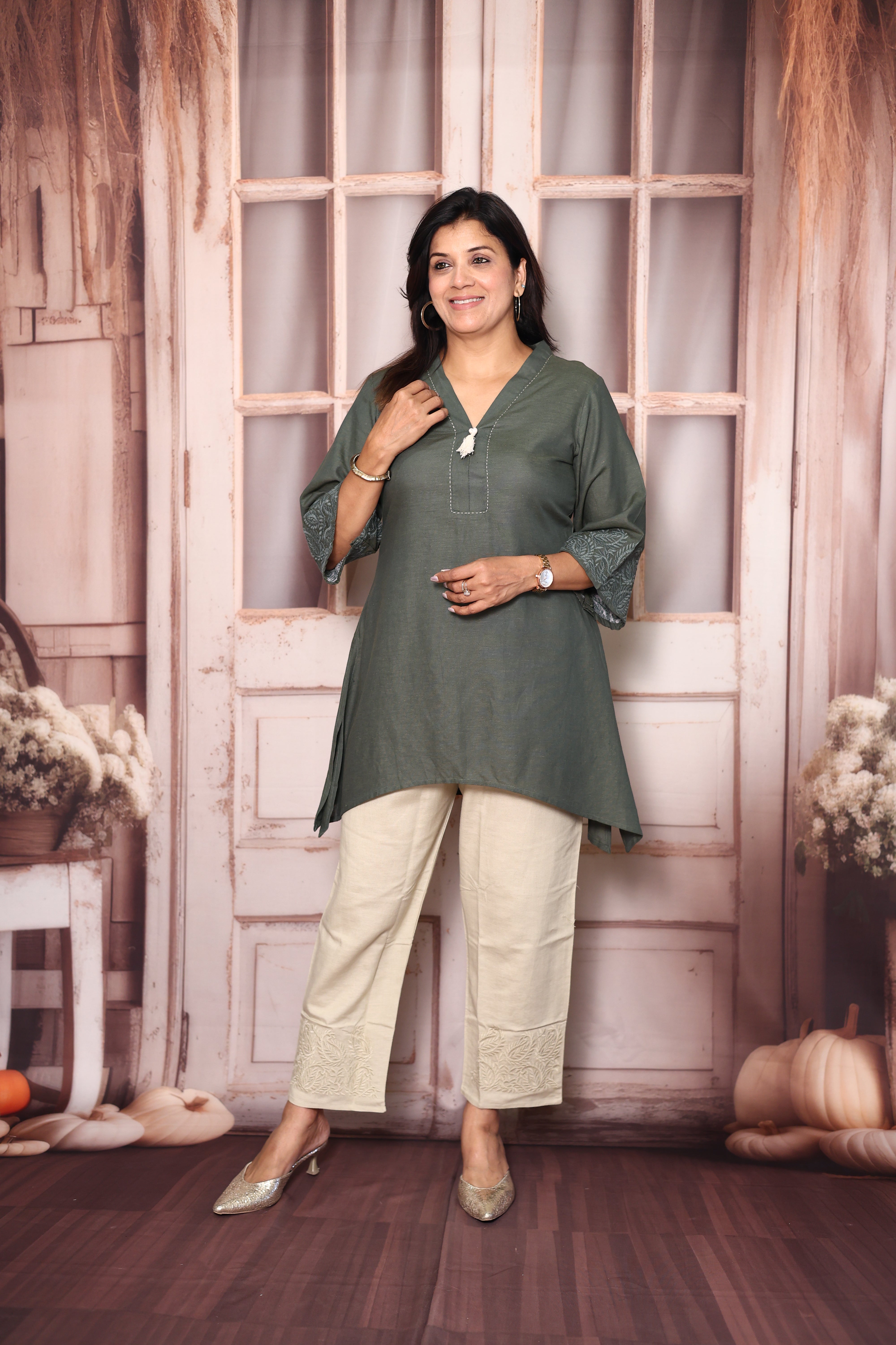 Green & Sage - Tail cut Top Pant Co-Ord Set | Self Thread Work Cotton Casual Wear