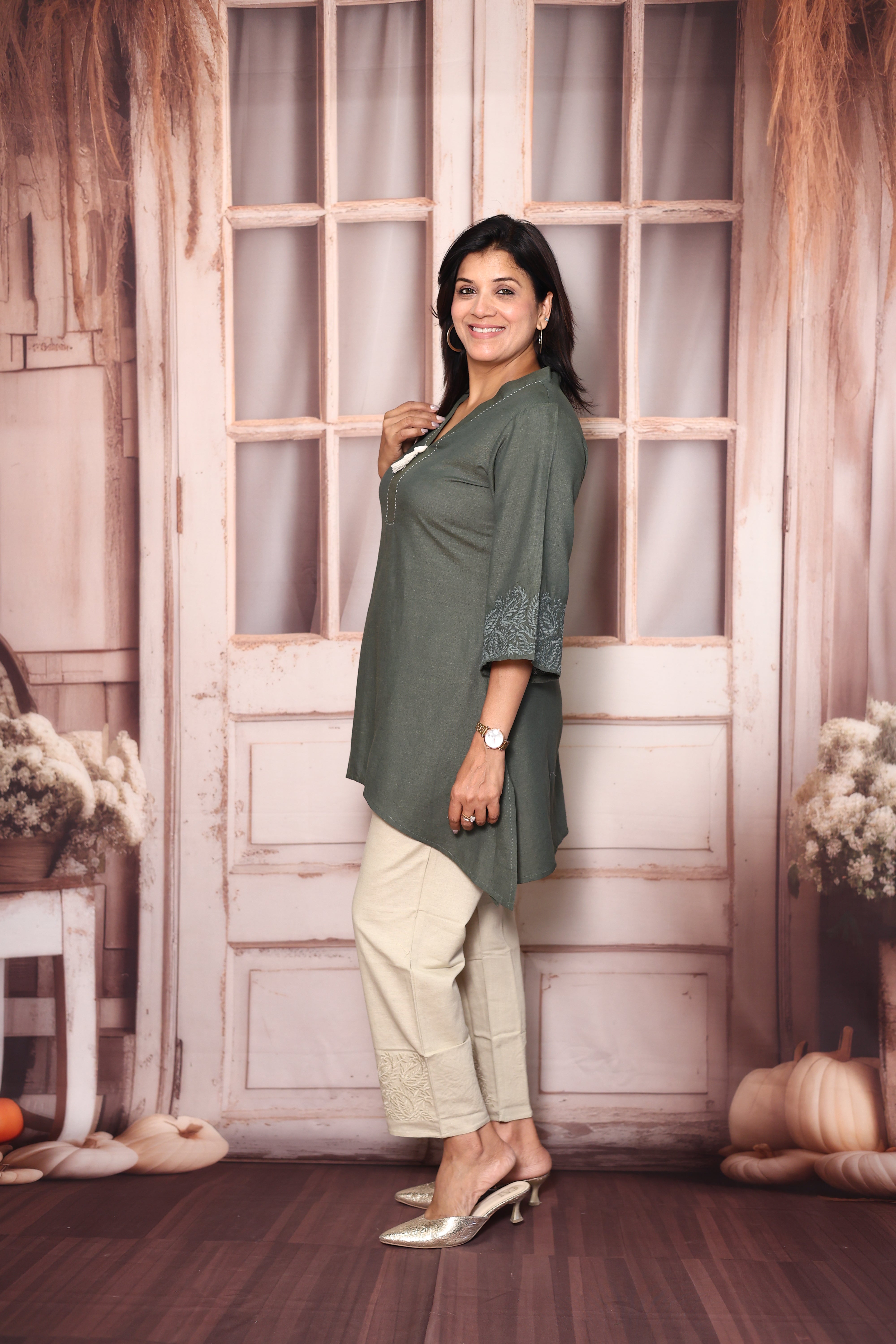 Green & Sage - Tail cut Top Pant Co-Ord Set | Self Thread Work Cotton Casual Wear
