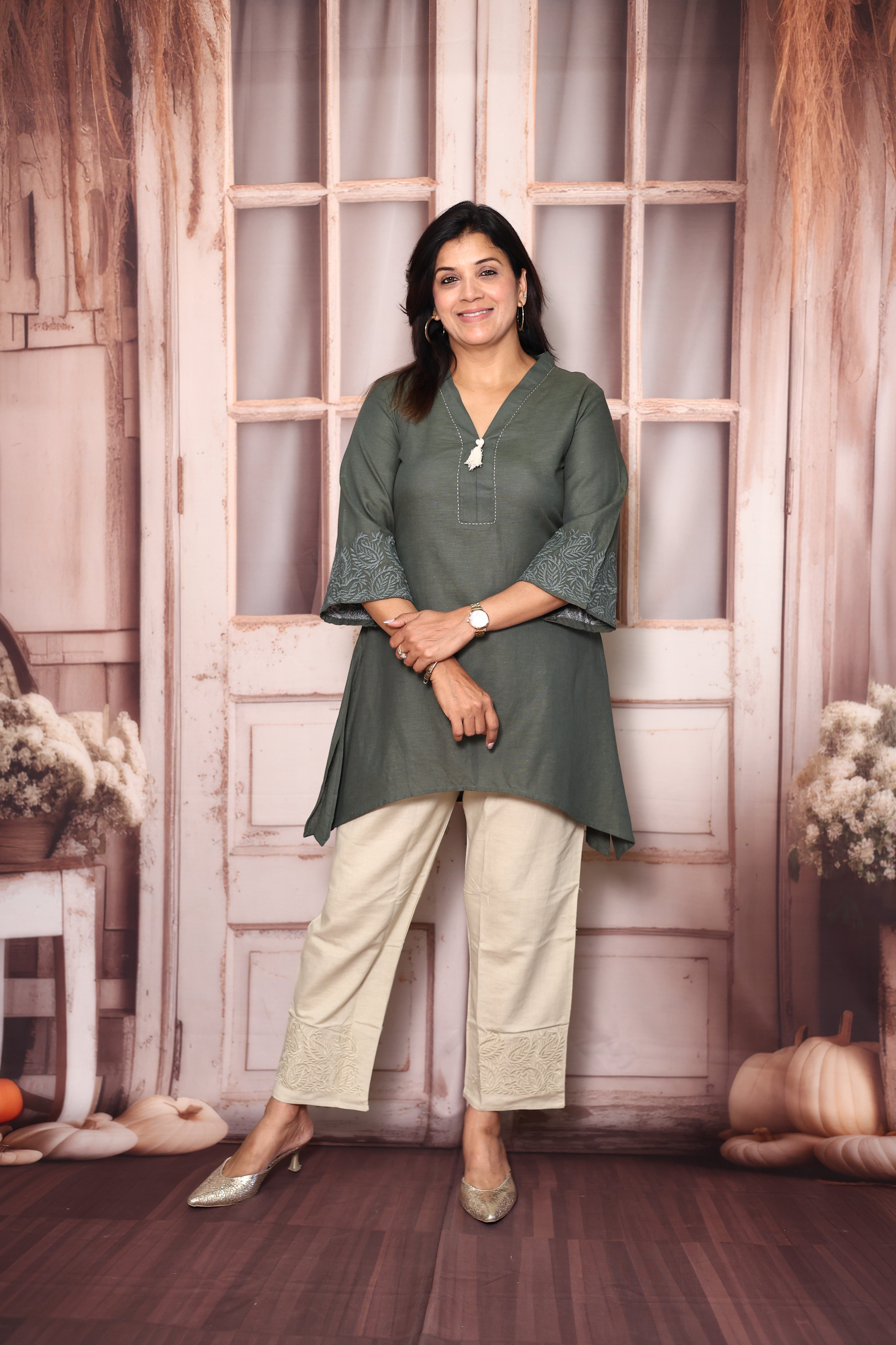Green & Sage - Tail cut Top Pant Co-Ord Set | Self Thread Work Cotton Casual Wear