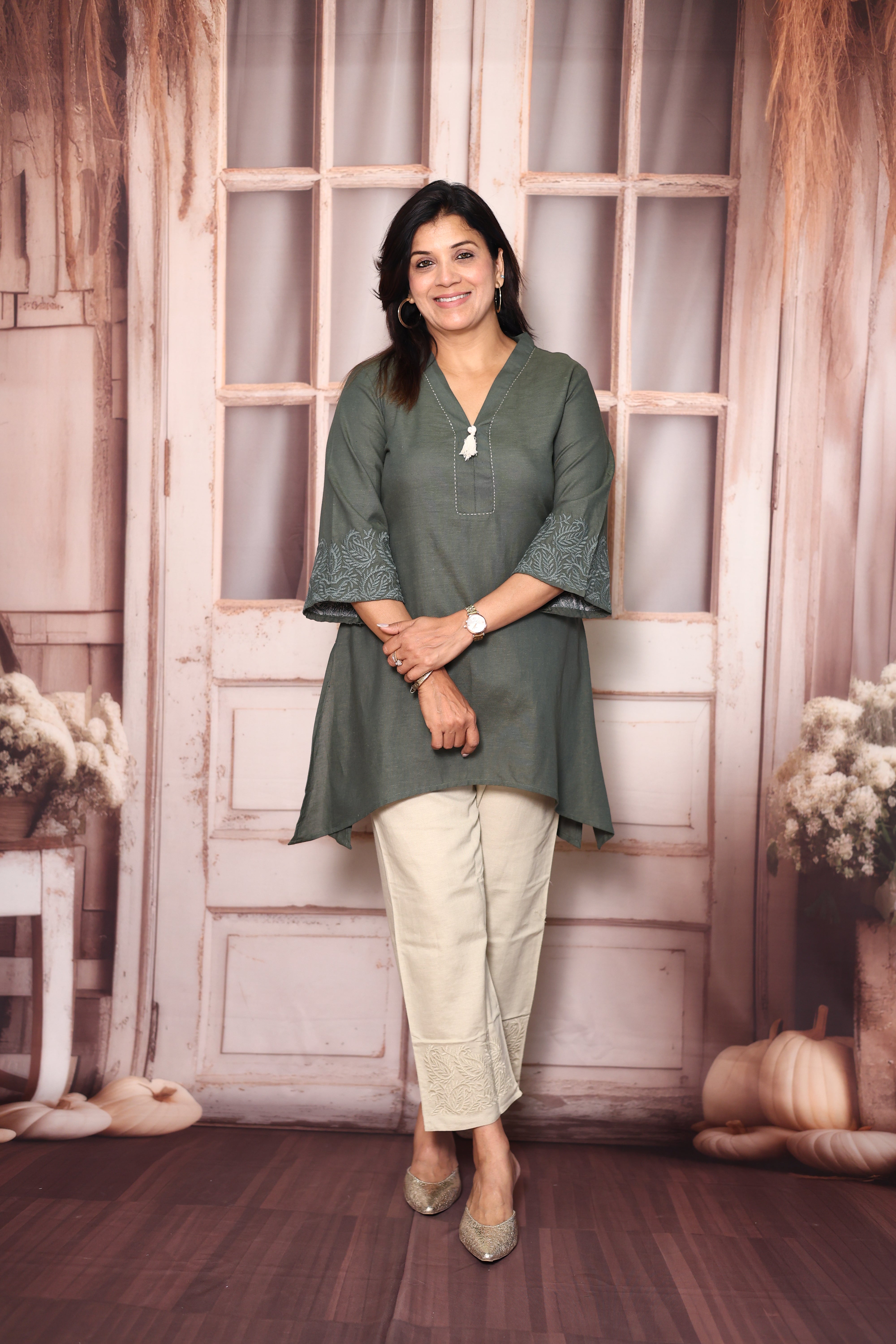 Green & Sage - Tail cut Top Pant Co-Ord Set | Self Thread Work Cotton Casual Wear