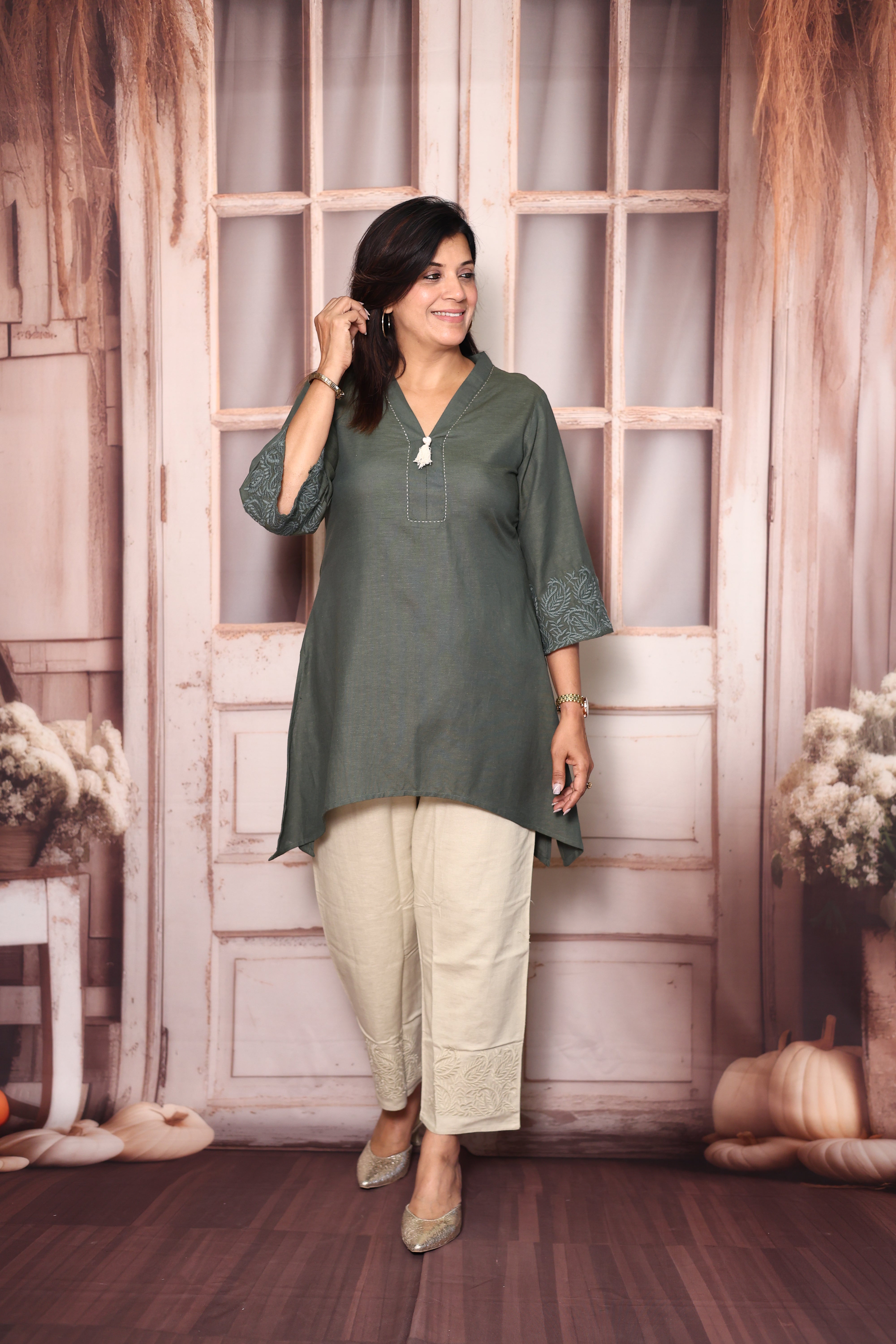 Green & Sage - Tail cut Top Pant Co-Ord Set | Self Thread Work Cotton Casual Wear