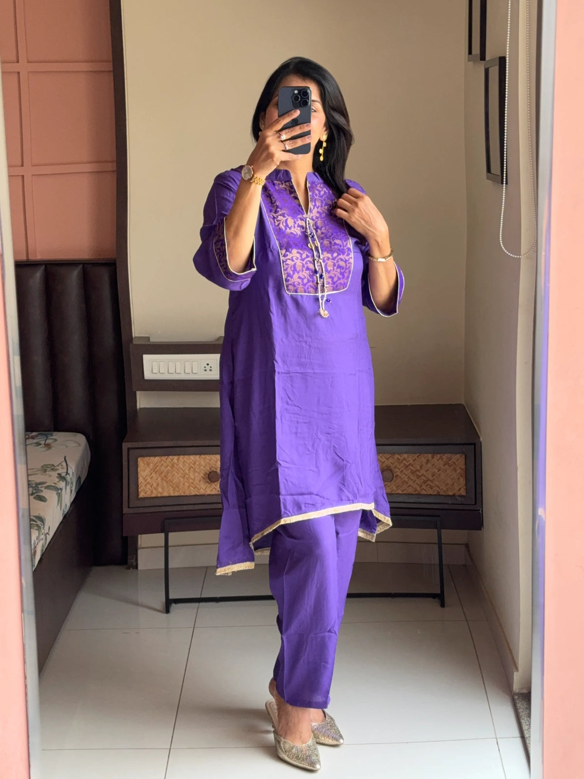 Purple - Brocade Yoke Work Kurta Pant Set | Pure Muslin Silk