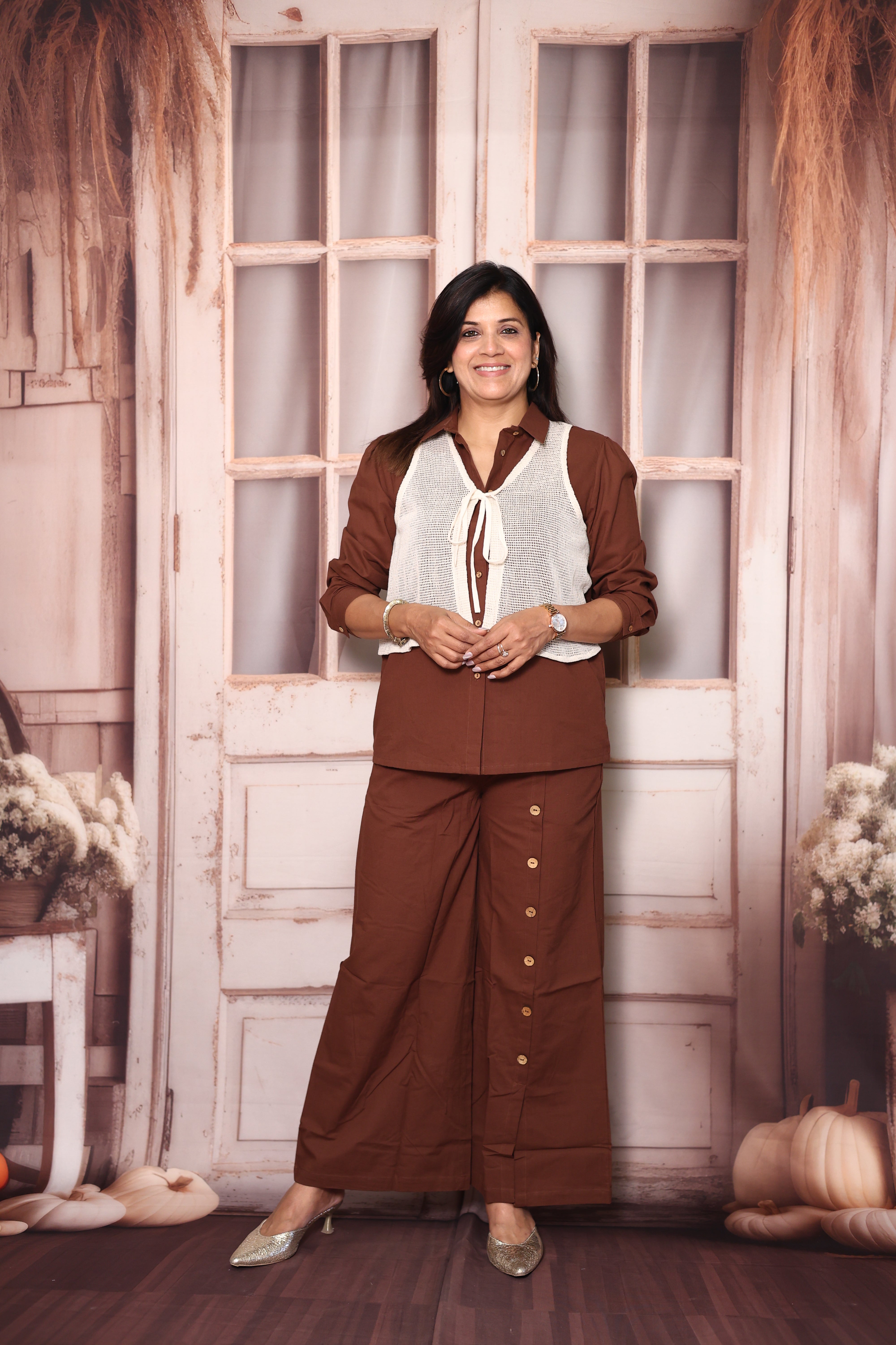 Cream & Brown Collared Shirt with Jacket & Palazzo Co-Ord Set | Elegant Cotton Indo-Western Wear