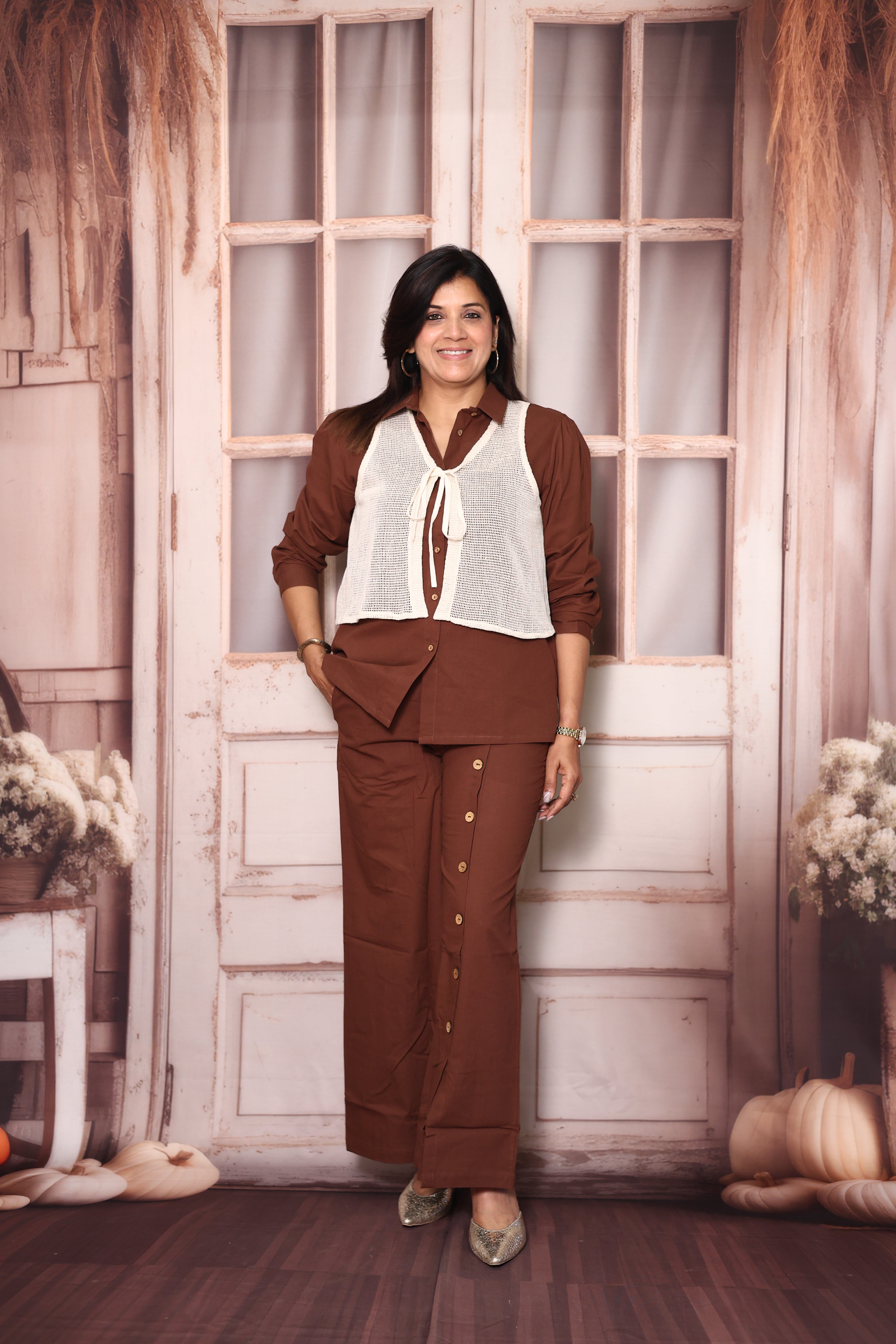 Cream & Brown Collared Shirt with Jacket & Palazzo Co-Ord Set | Elegant Cotton Indo-Western Wear