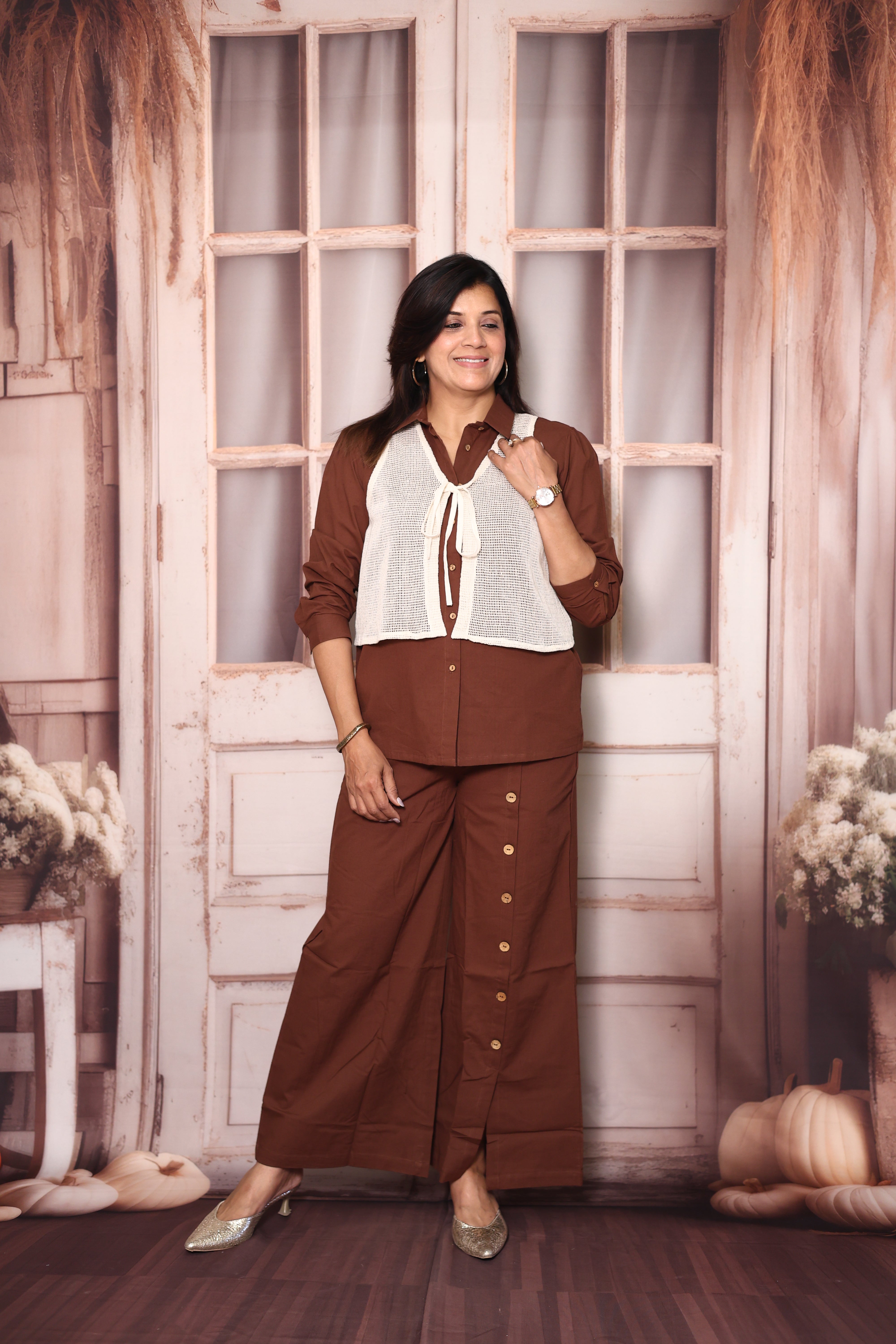 Cream & Brown Collared Shirt with Jacket & Palazzo Co-Ord Set | Elegant Cotton Indo-Western Wear