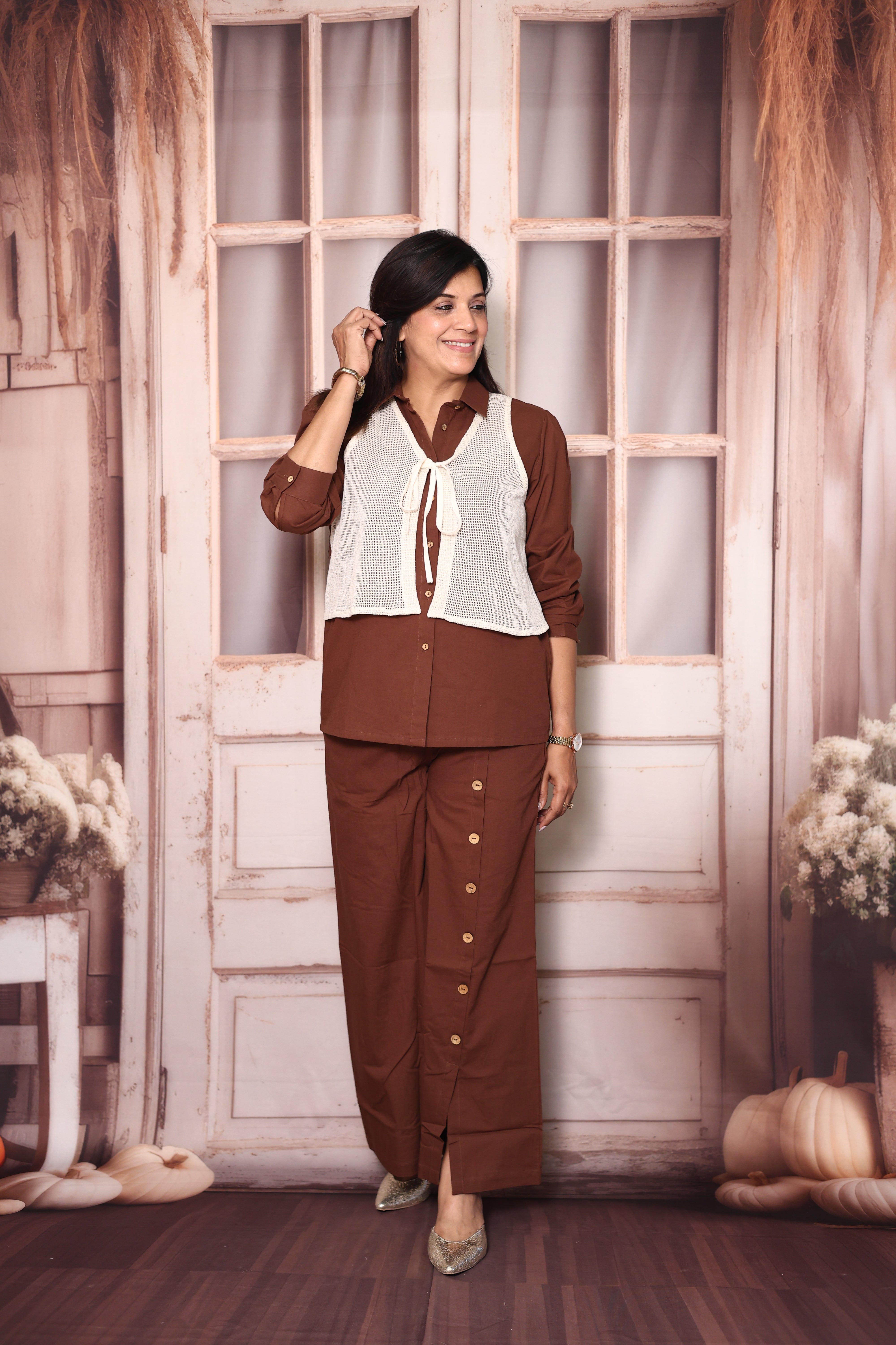 Cream & Brown Collared Shirt with Jacket & Palazzo Co-Ord Set | Elegant Cotton Indo-Western Wear