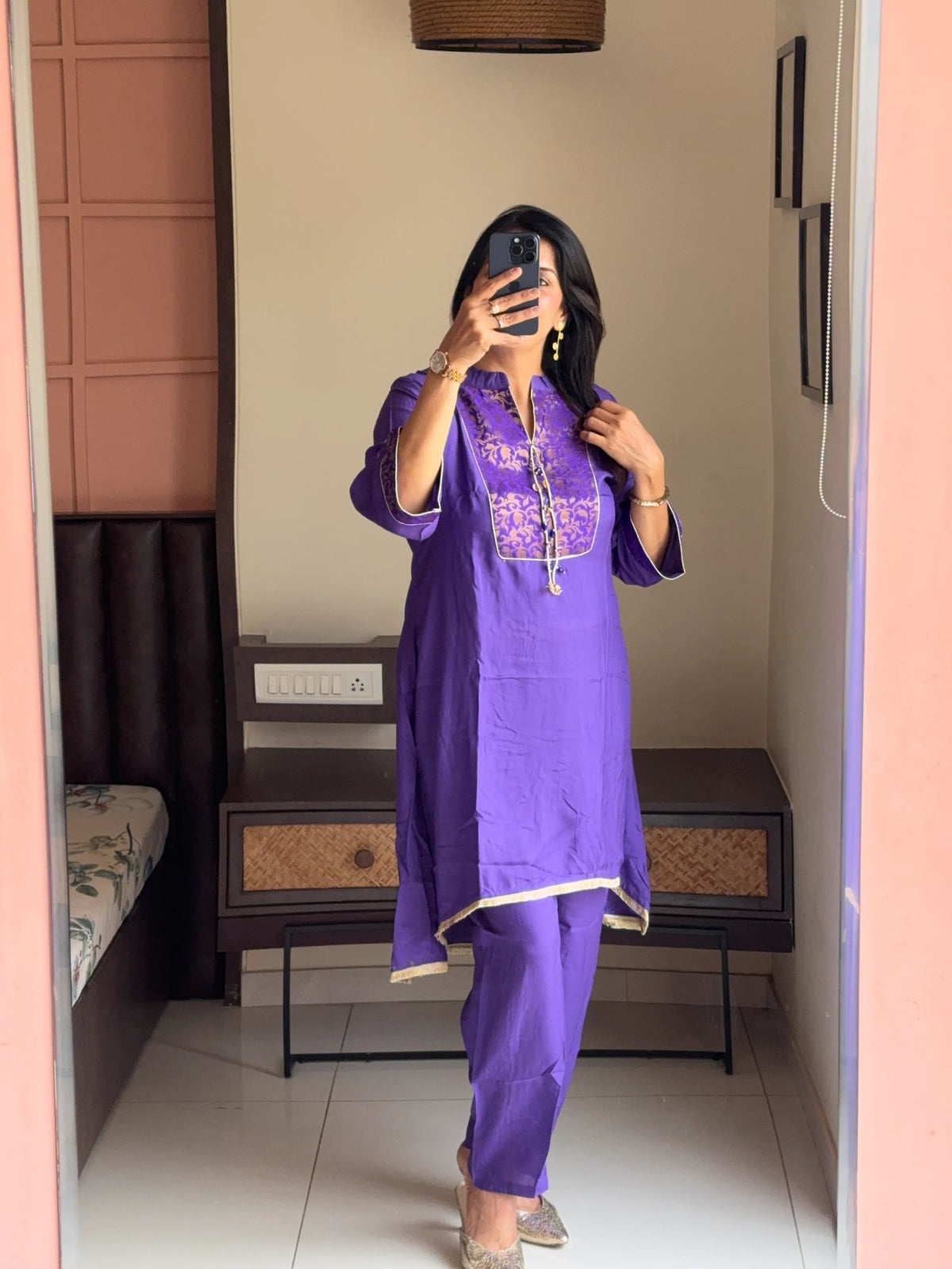 Purple - Brocade Yoke Work Kurta Pant Set | Pure Muslin Silk