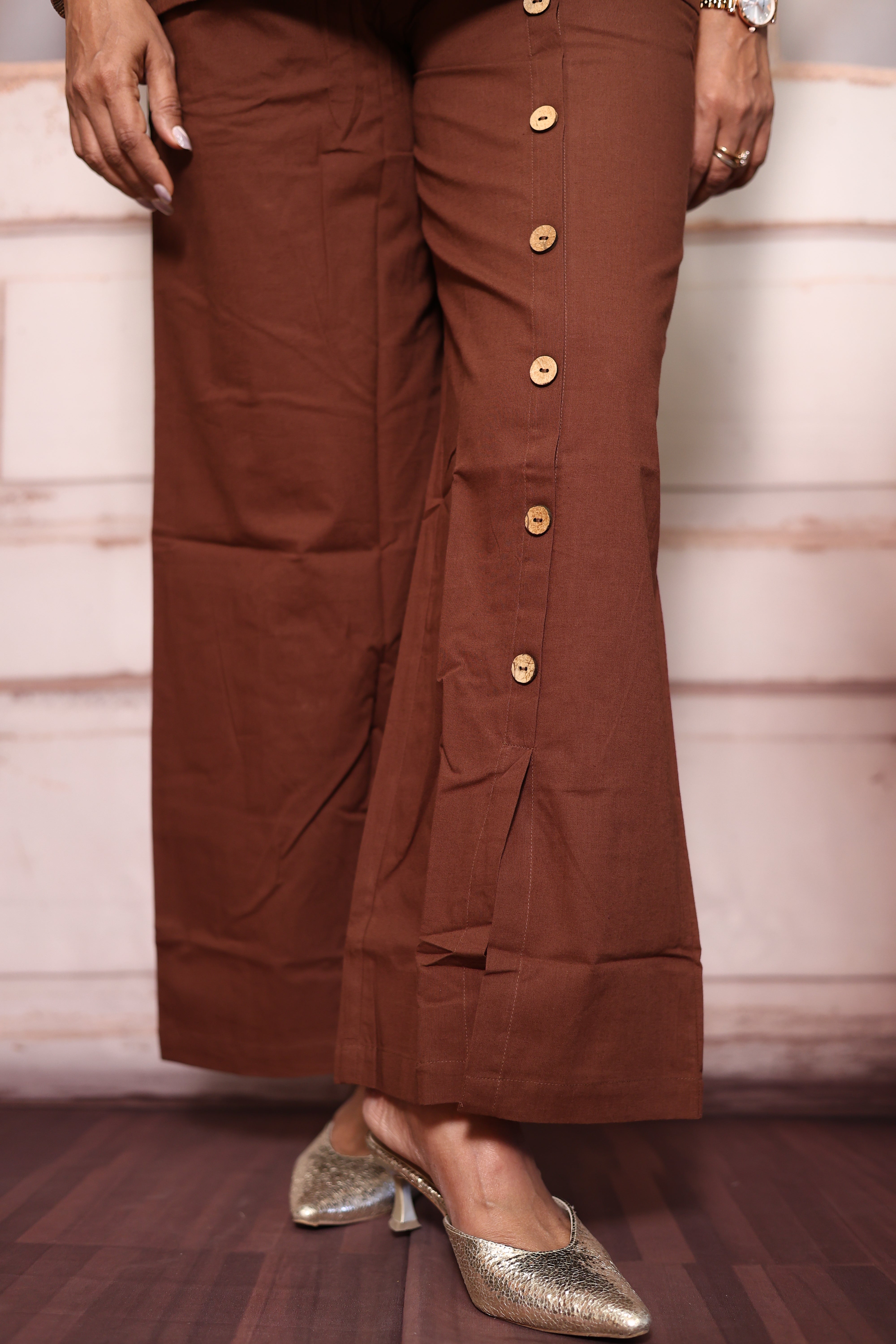Cream & Brown Collared Shirt with Jacket & Palazzo Co-Ord Set | Elegant Cotton Indo-Western Wear