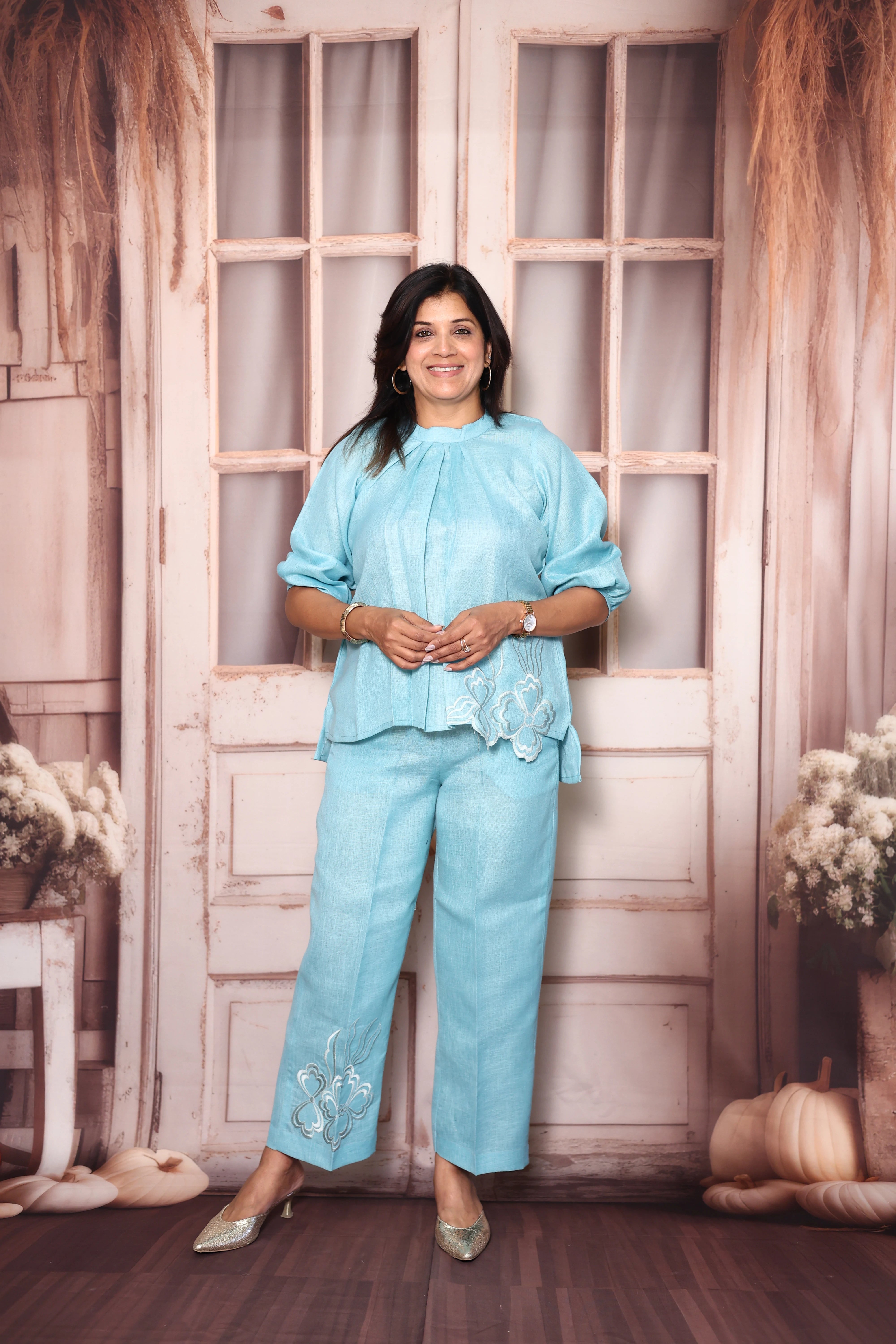 Baby Blue Floral Cut Work Short Top & Palazzo Co-Ord Set | Pure Linen Designer Wear