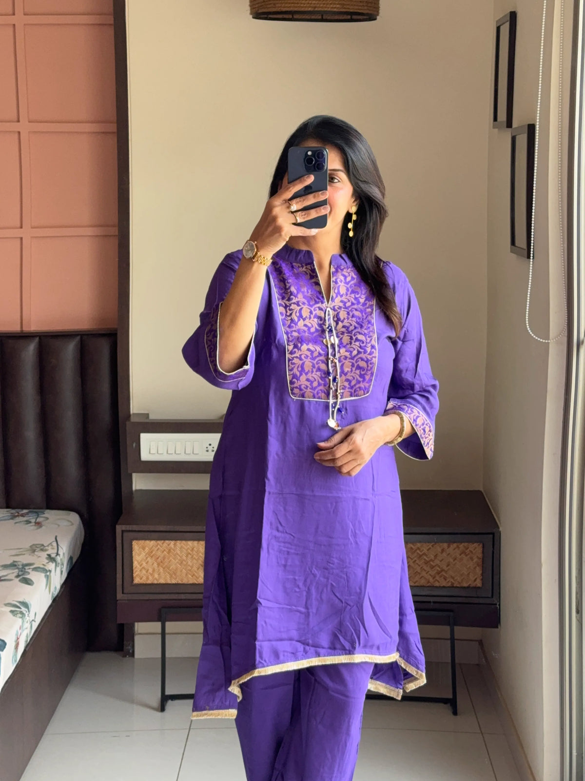 Purple - Brocade Yoke Work Kurta Pant Set | Pure Muslin Silk