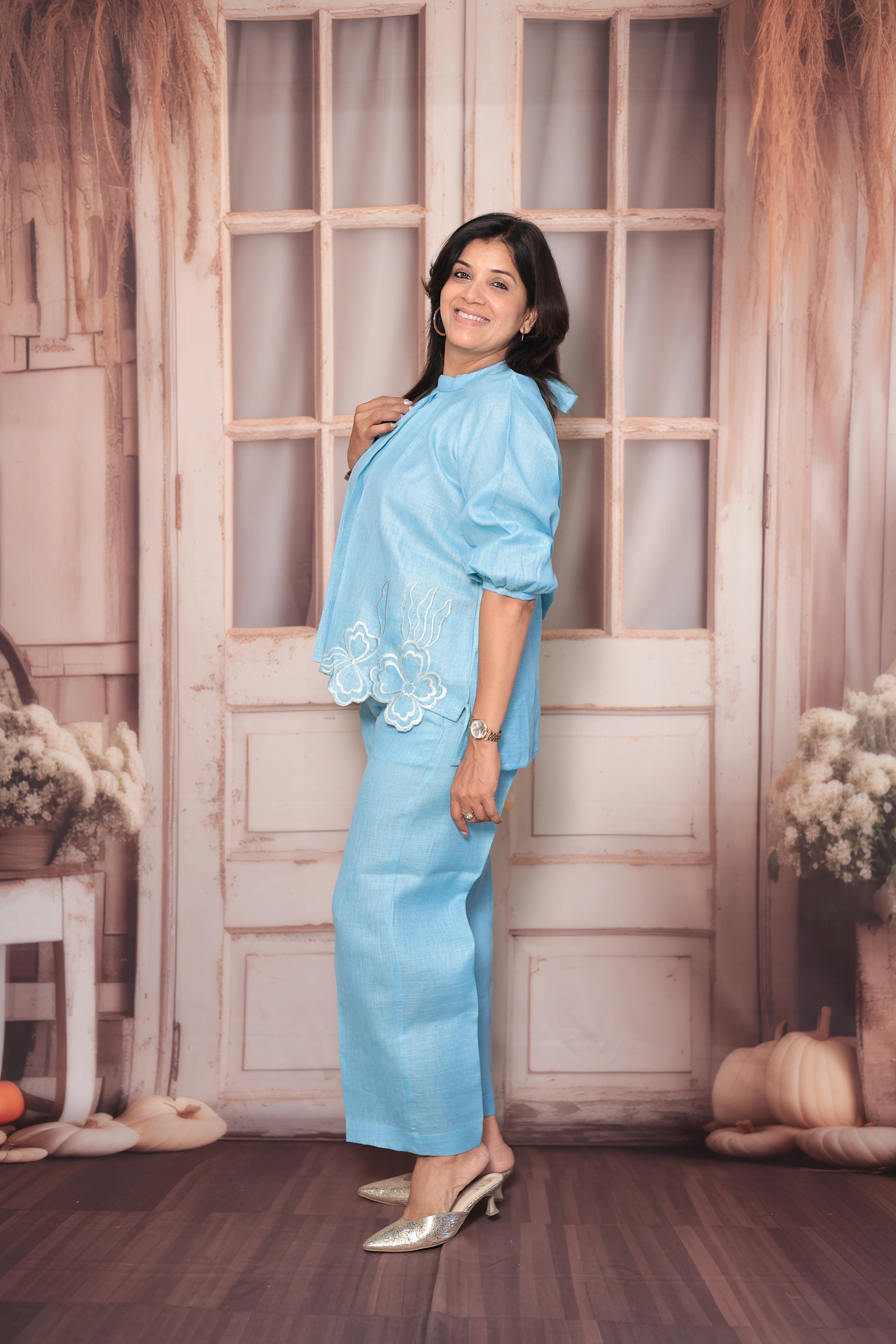Baby Blue Floral Cut Work Short Top & Palazzo Co-Ord Set | Pure Linen Designer Wear