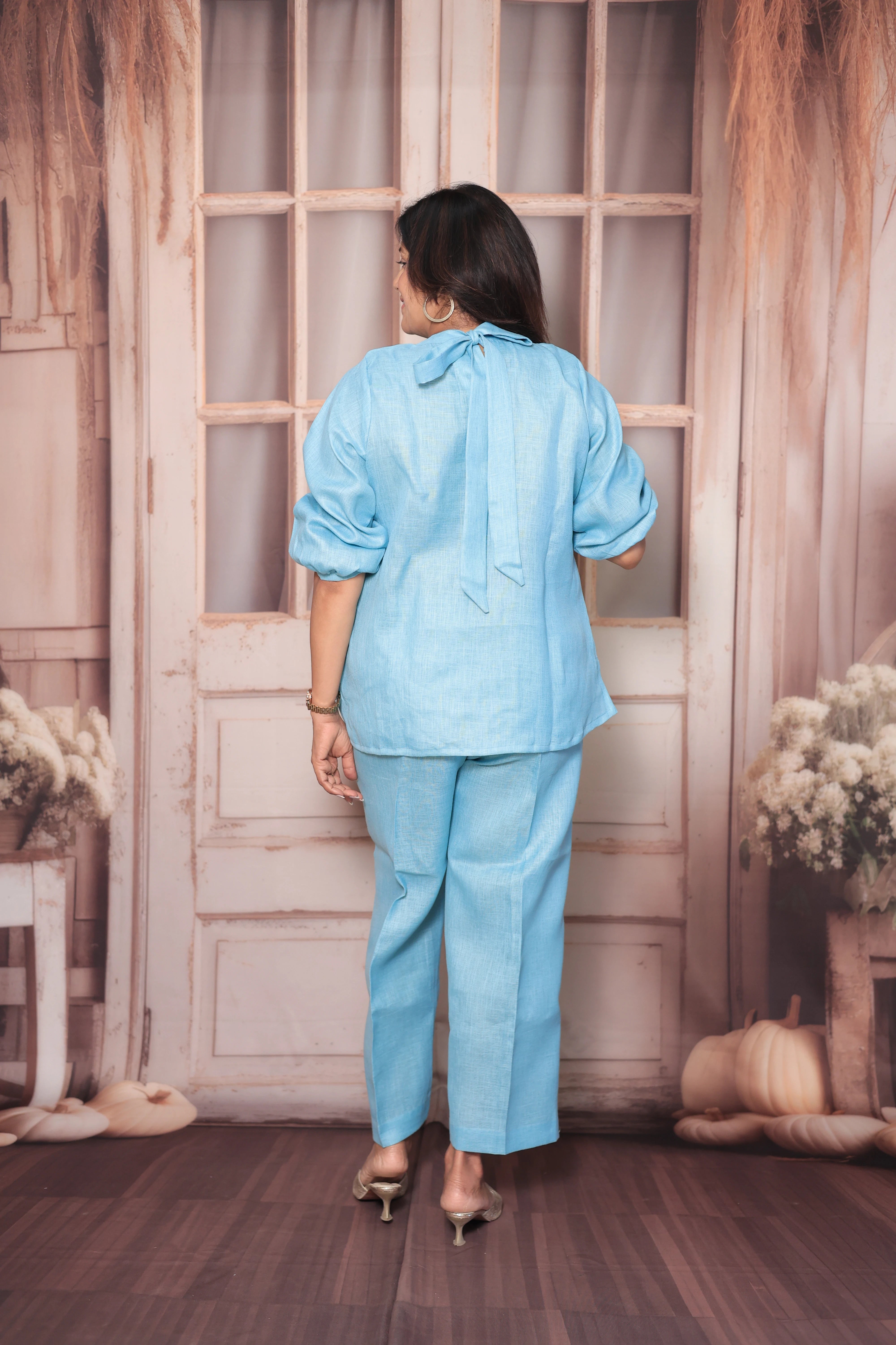Baby Blue Floral Cut Work Short Top & Palazzo Co-Ord Set | Pure Linen Designer Wear