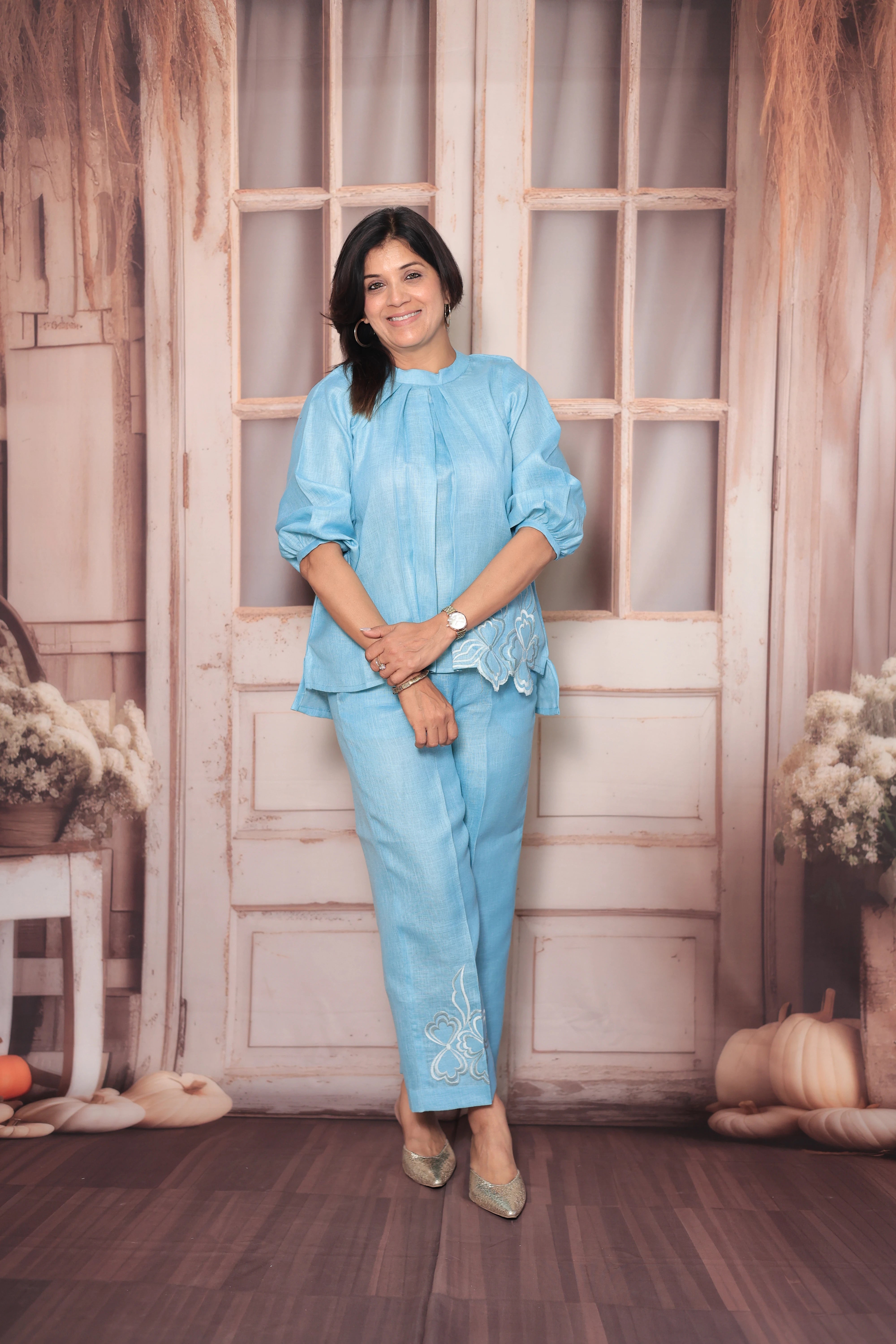 Baby Blue Floral Cut Work Short Top & Palazzo Co-Ord Set | Pure Linen Designer Wear