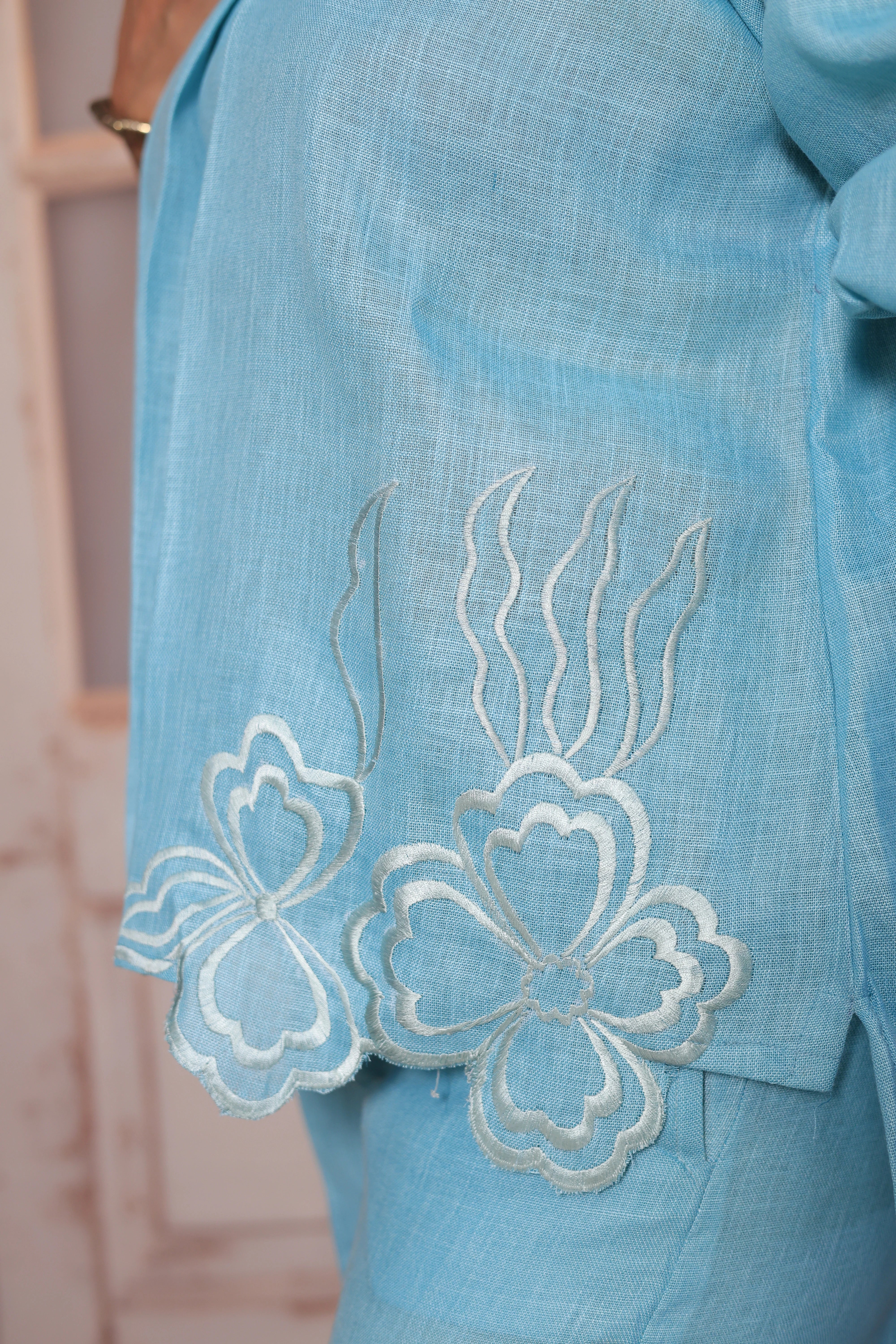 Baby Blue Floral Cut Work Short Top & Palazzo Co-Ord Set | Pure Linen Designer Wear