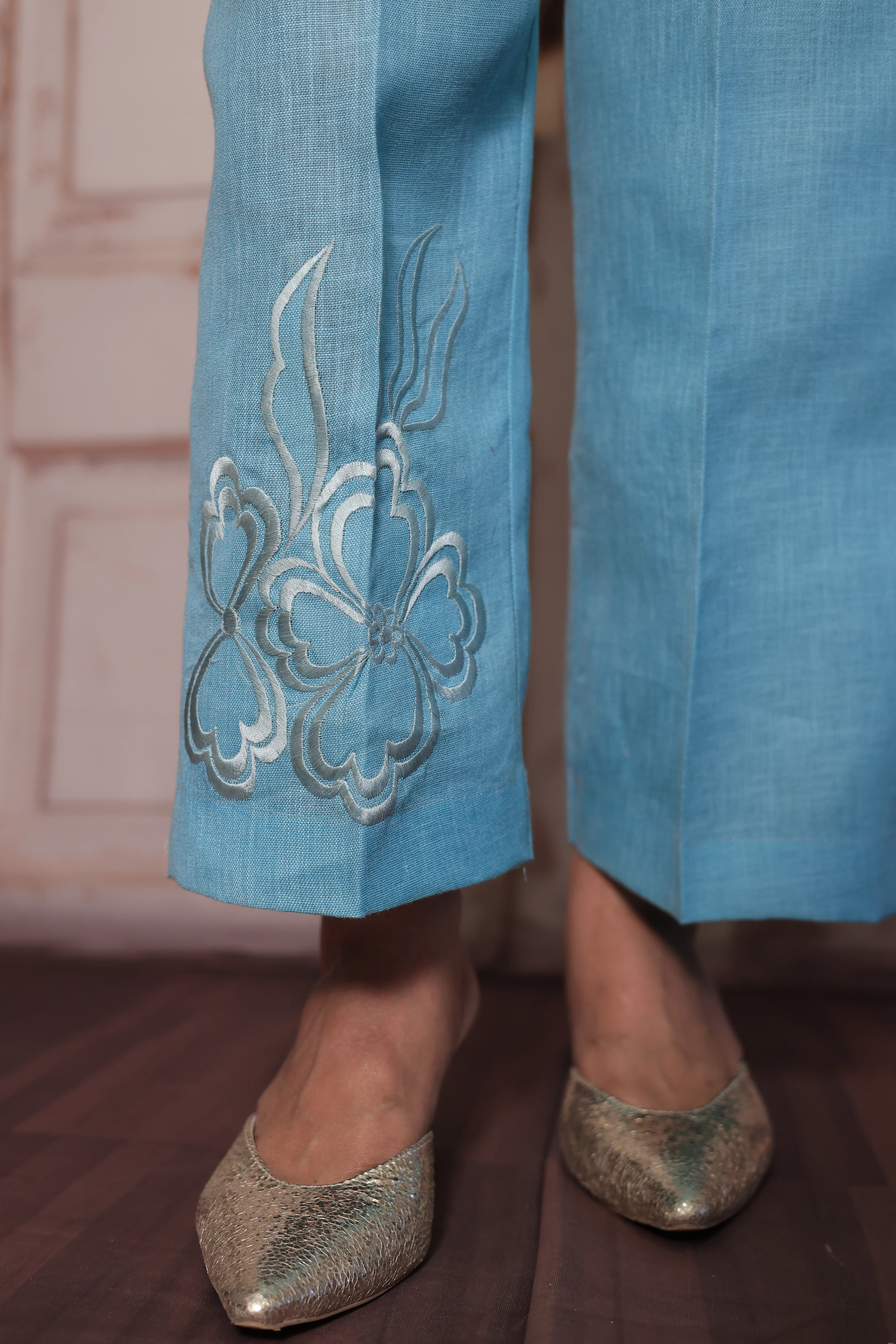Baby Blue Floral Cut Work Short Top & Palazzo Co-Ord Set | Pure Linen Designer Wear