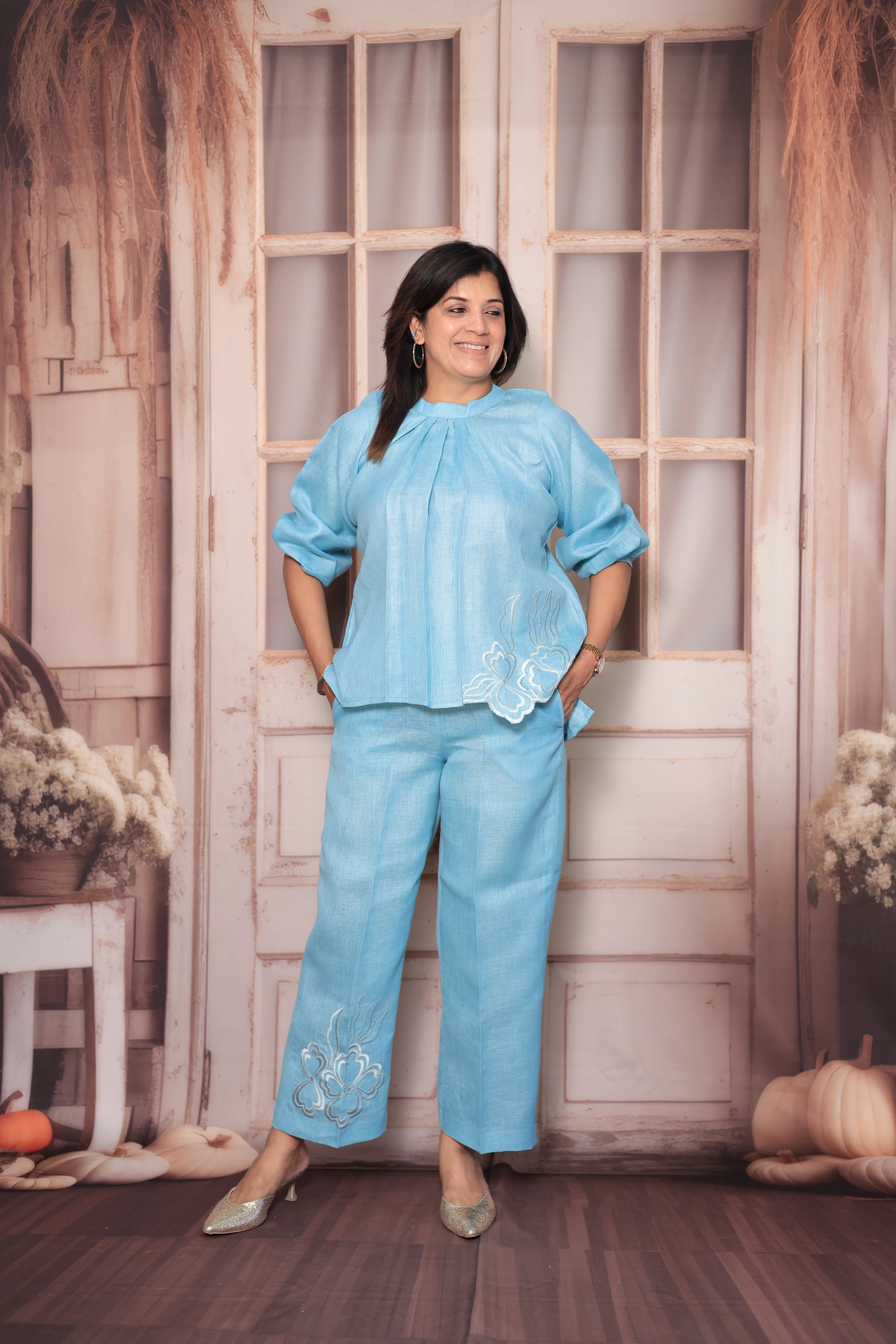 Baby Blue Floral Cut Work Short Top & Palazzo Co-Ord Set | Pure Linen Designer Wear