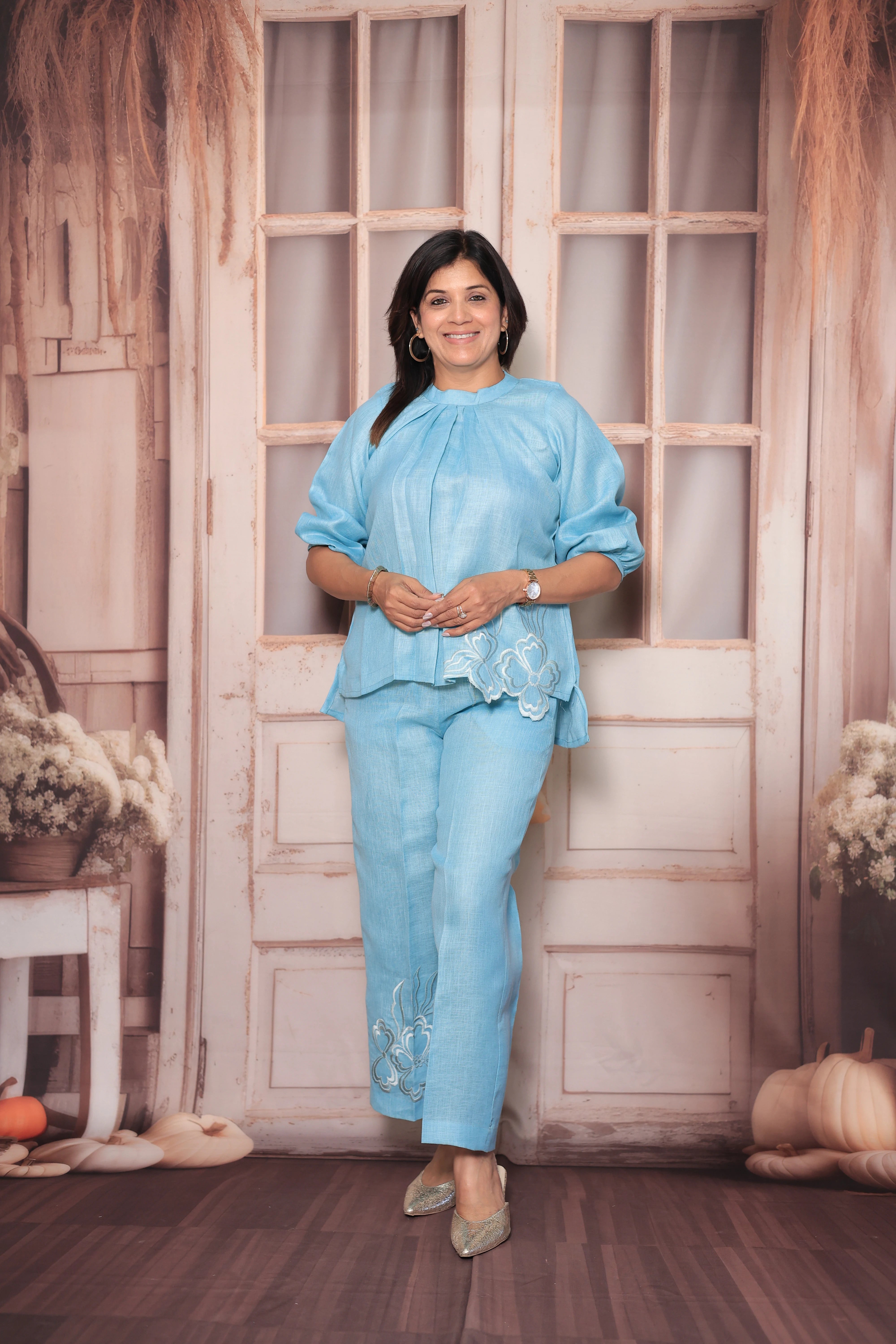 Baby Blue Floral Cut Work Short Top & Palazzo Co-Ord Set | Pure Linen Designer Wear