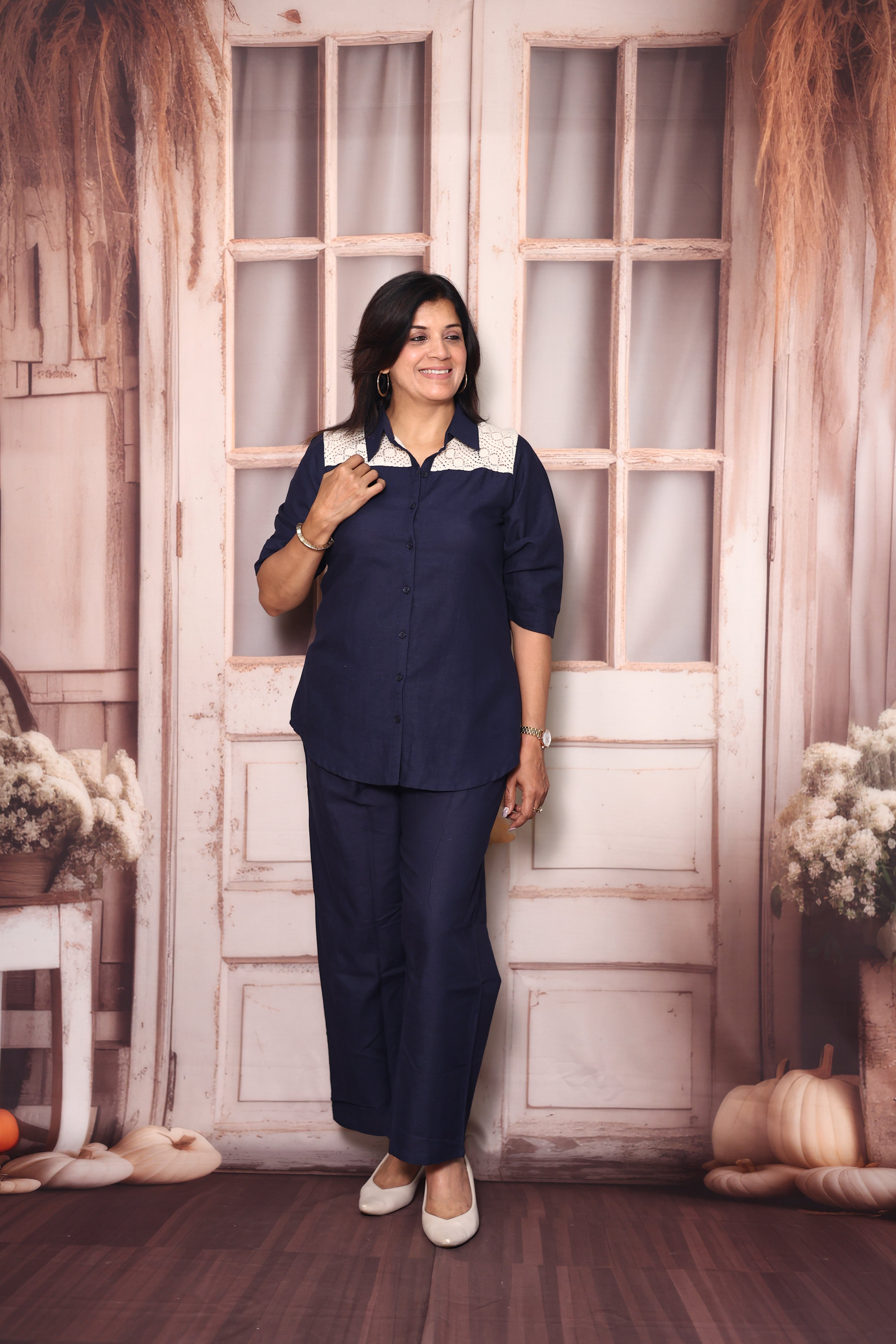 Navy Blue Collared Top Pant Co-Ord Set | Yoke & back Lace Work Cotton Casual Wear