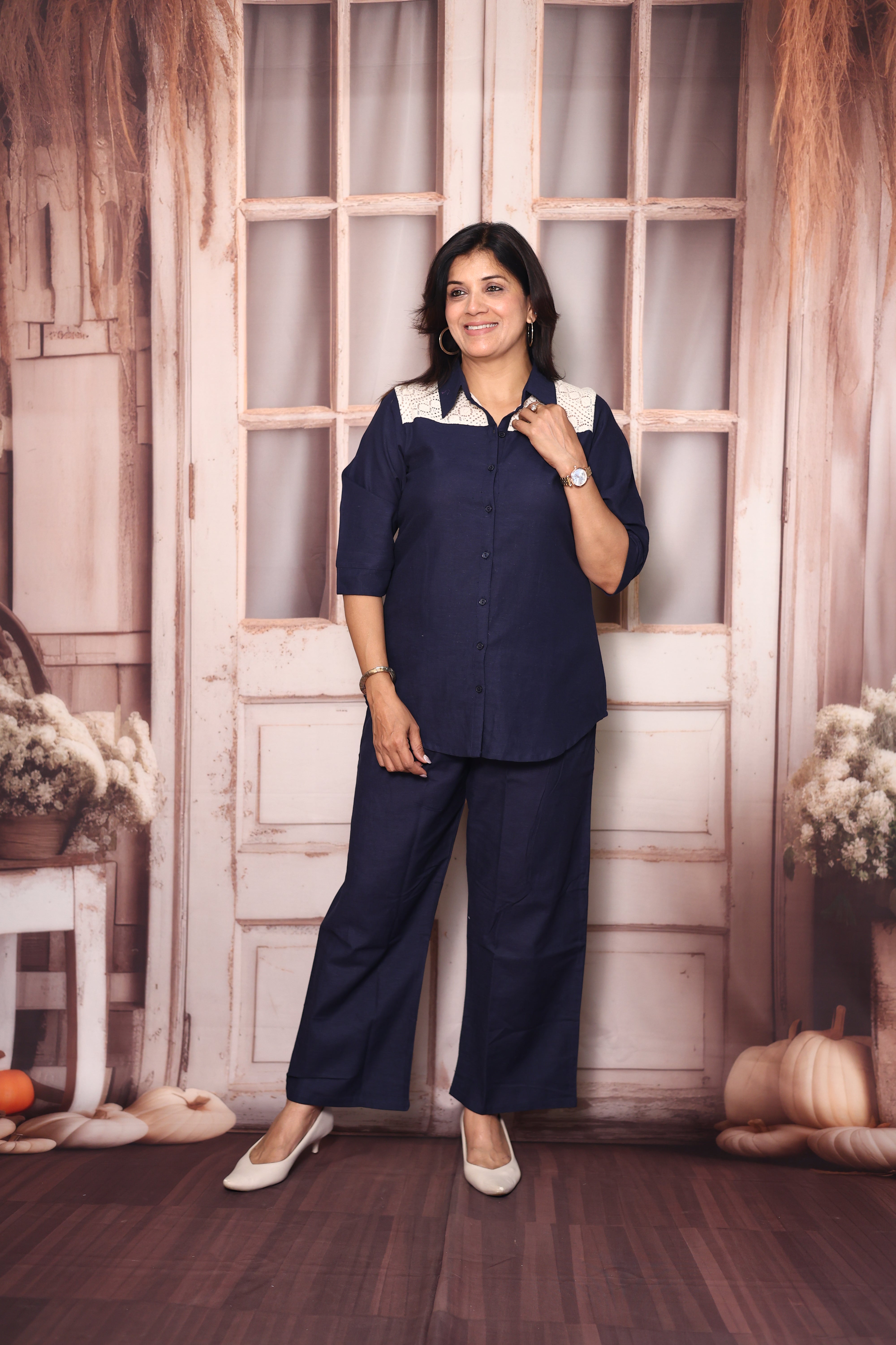Navy Blue Collared Top Pant Co-Ord Set | Yoke & back Lace Work Cotton Casual Wear