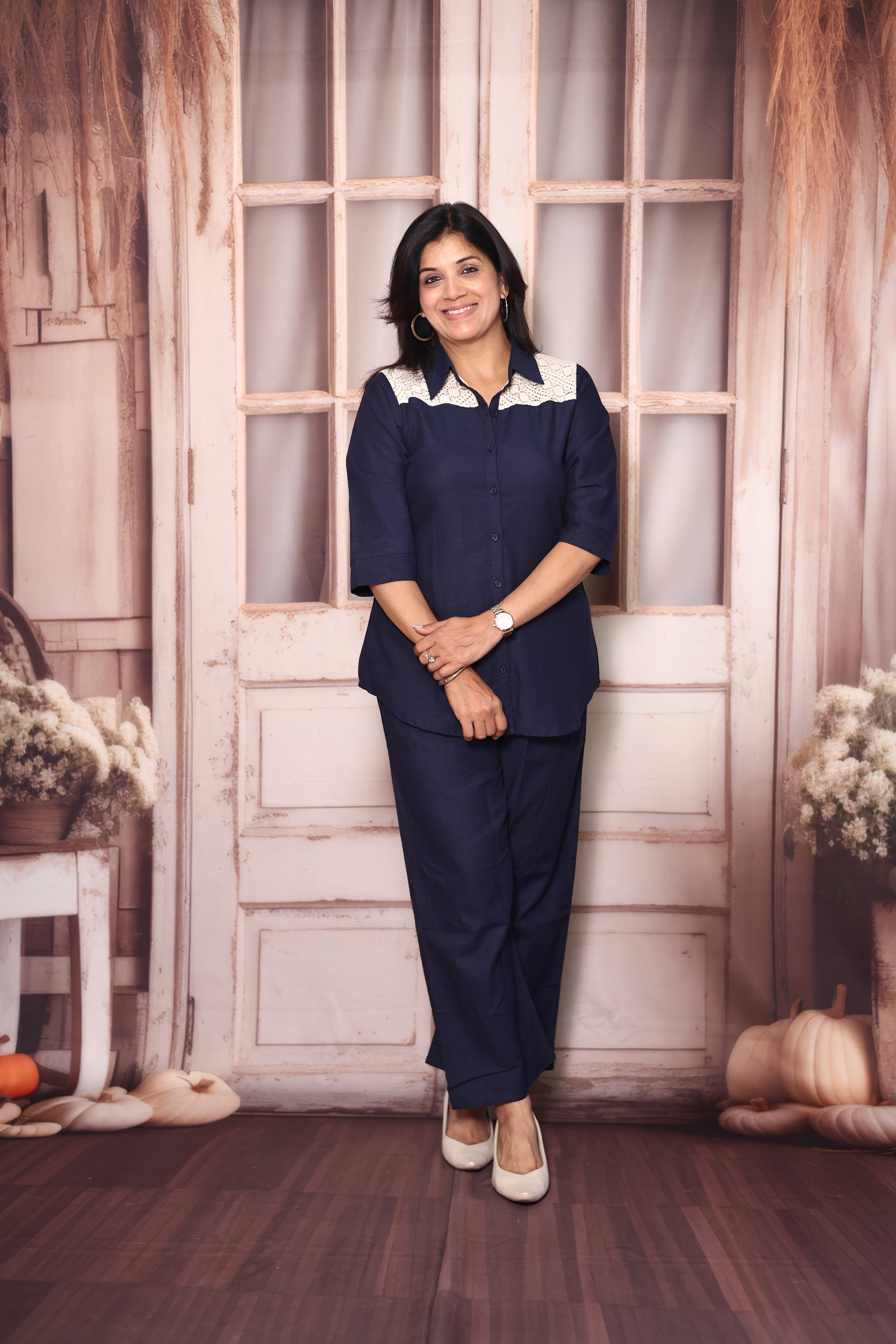 Navy Blue Collared Top Pant Co-Ord Set | Yoke & back Lace Work Cotton Casual Wear