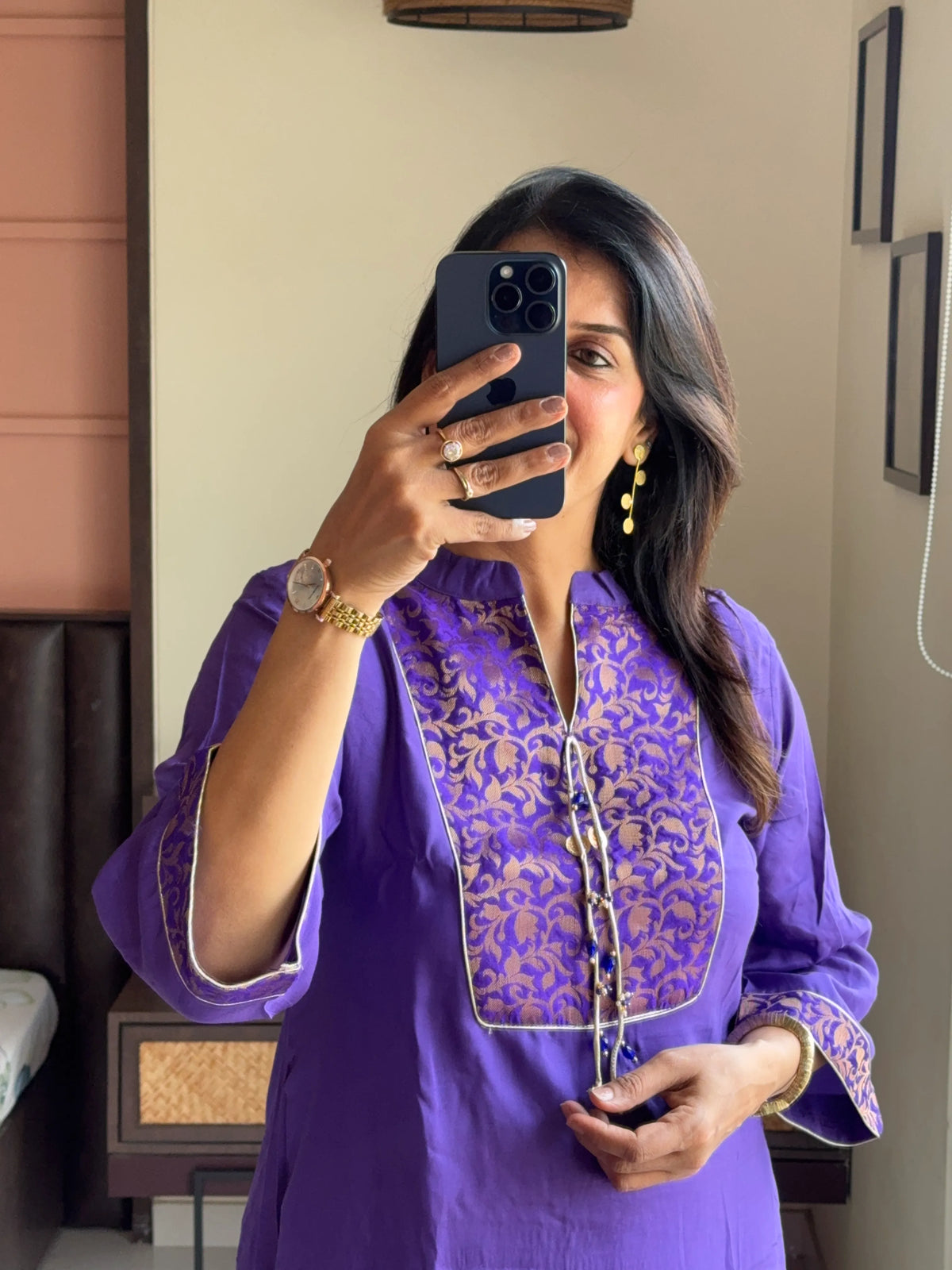 Purple - Brocade Yoke Work Kurta Pant Set | Pure Muslin Silk