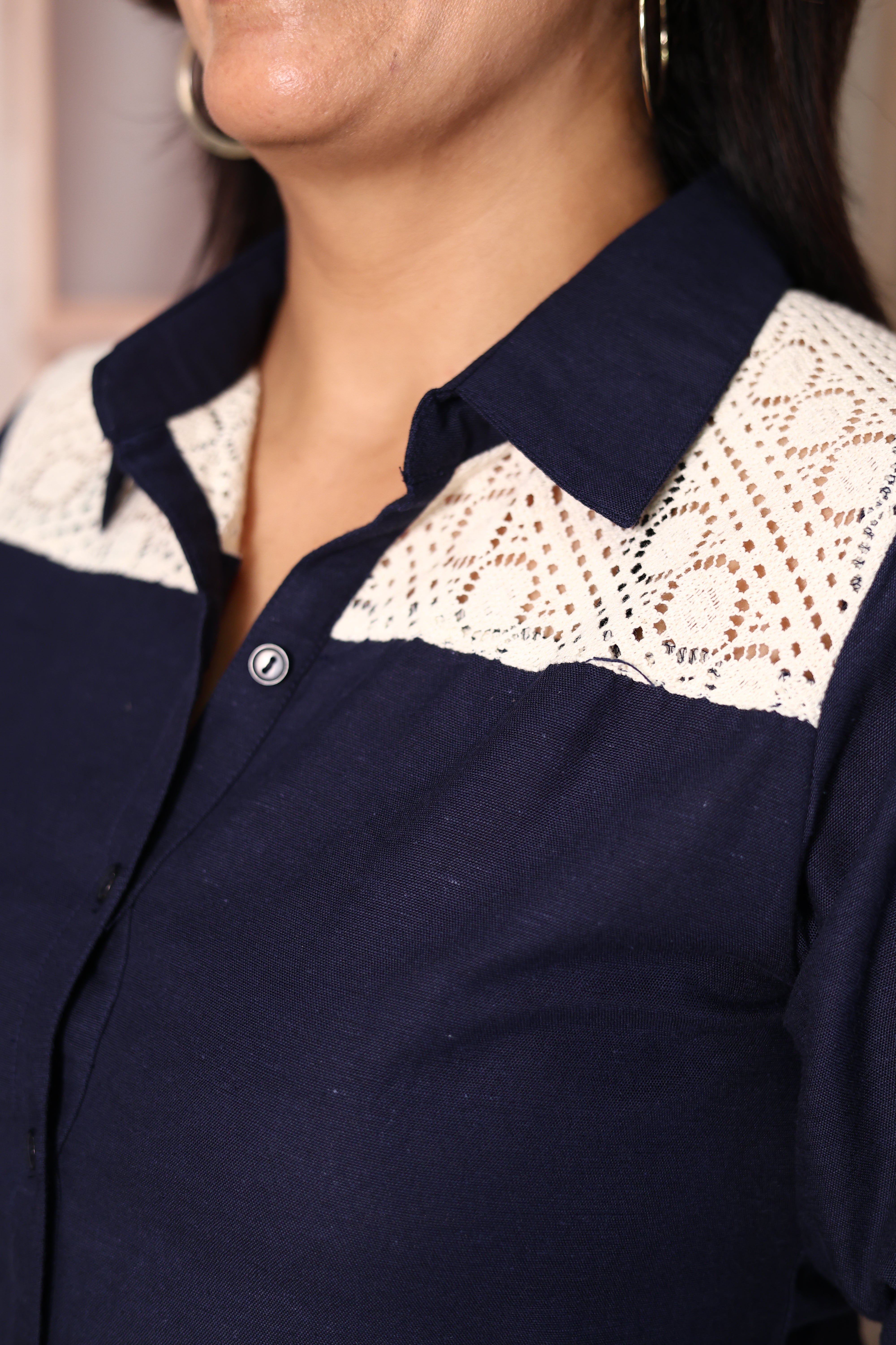 Navy Blue Collared Top Pant Co-Ord Set | Yoke & back Lace Work Cotton Casual Wear
