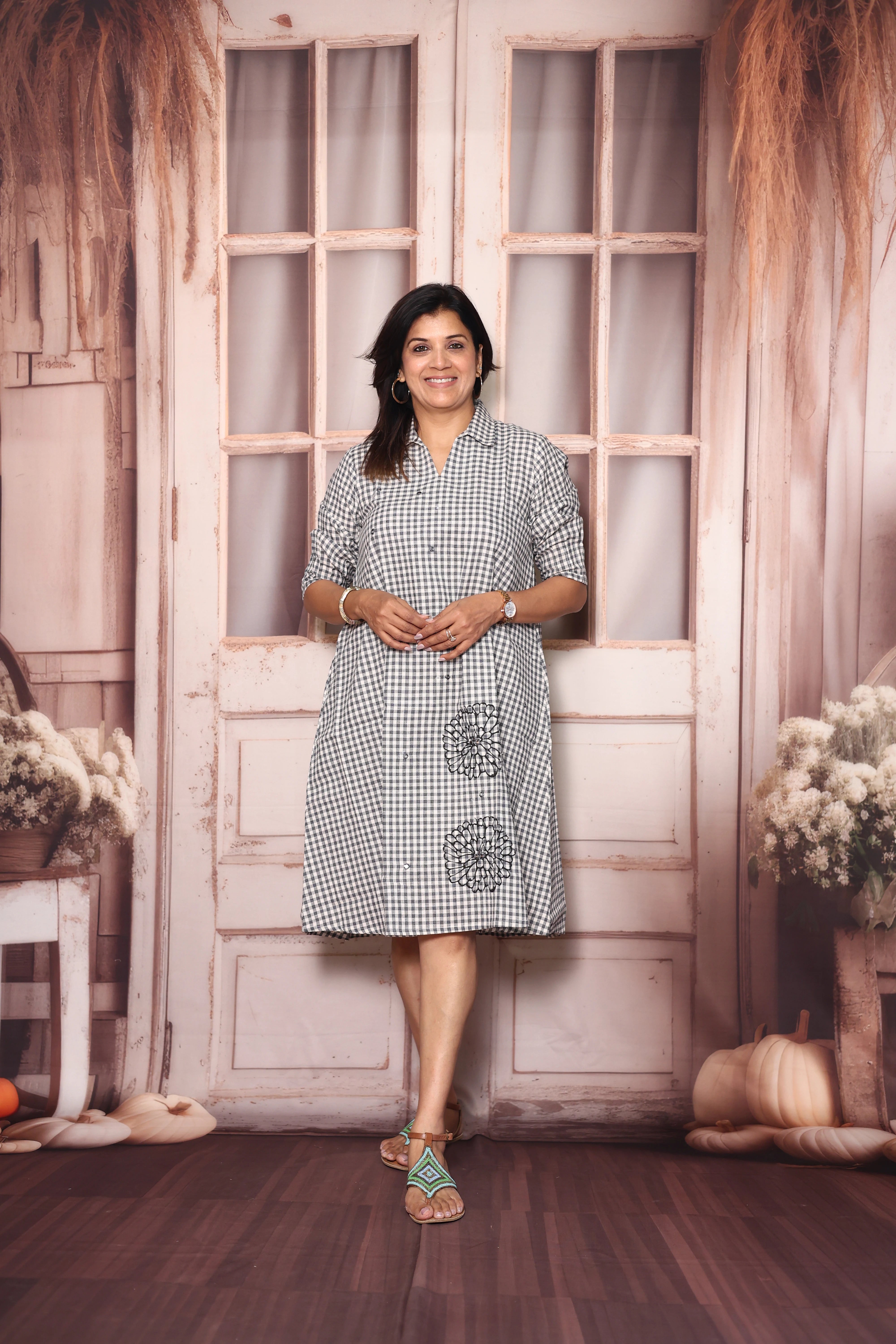 White & Grey Checks Print Cotton One Piece Dress | Mirror Work & Floral Print Casual Wear