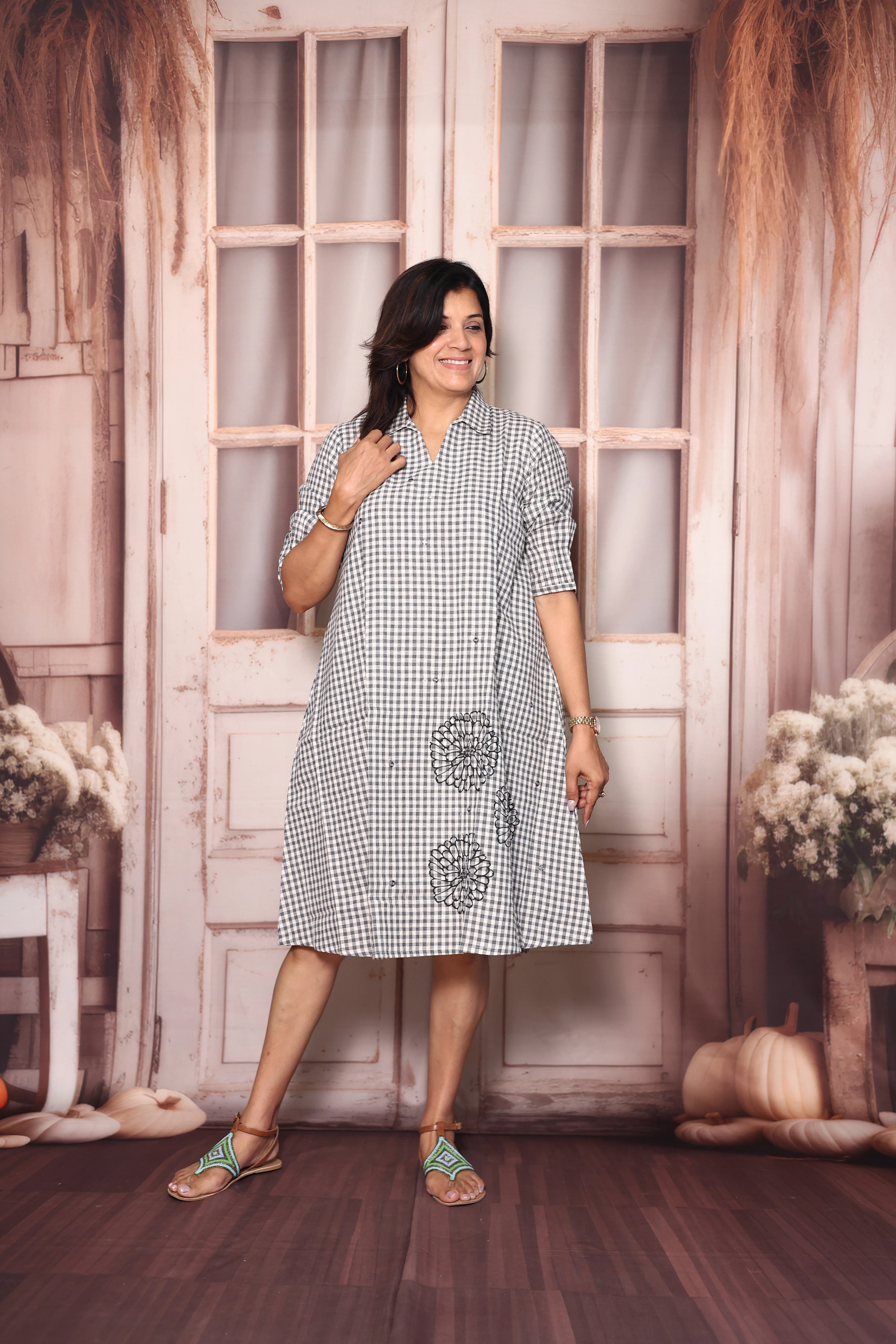 White & Grey Checks Print Cotton One Piece Dress | Mirror Work & Floral Print Casual Wear