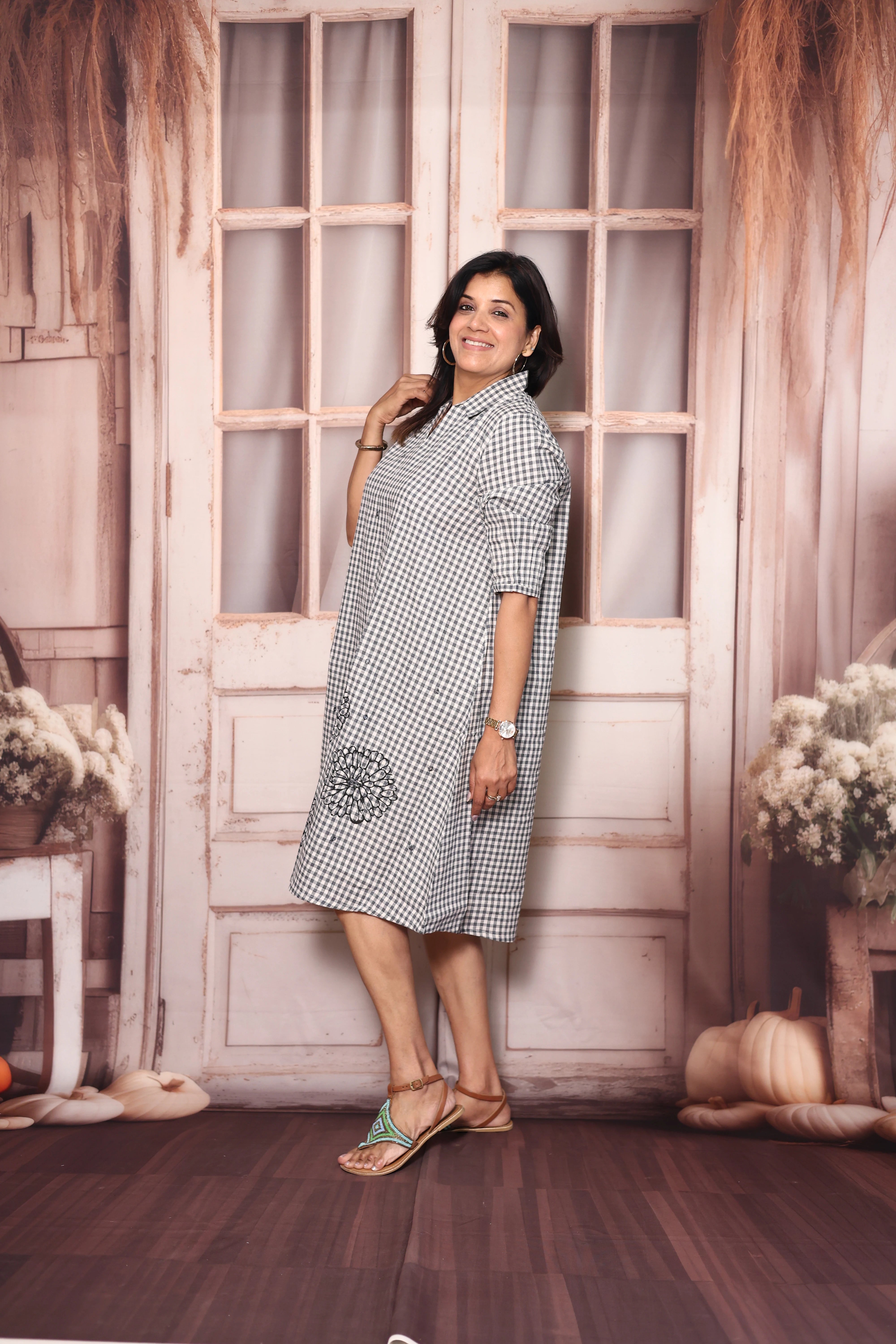 White & Grey Checks Print Cotton One Piece Dress | Mirror Work & Floral Print Casual Wear