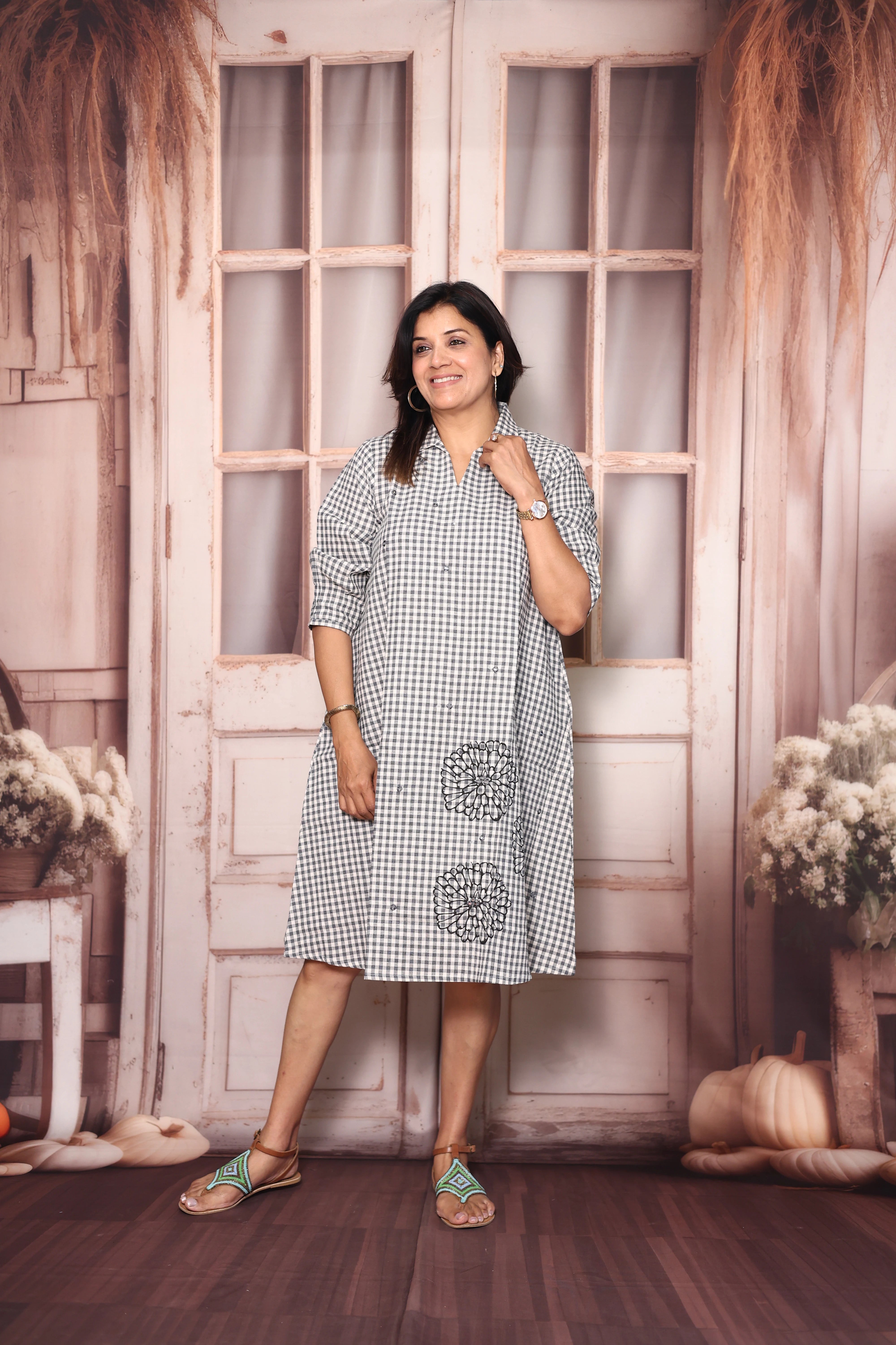 White & Grey Checks Print Cotton One Piece Dress | Mirror Work & Floral Print Casual Wear