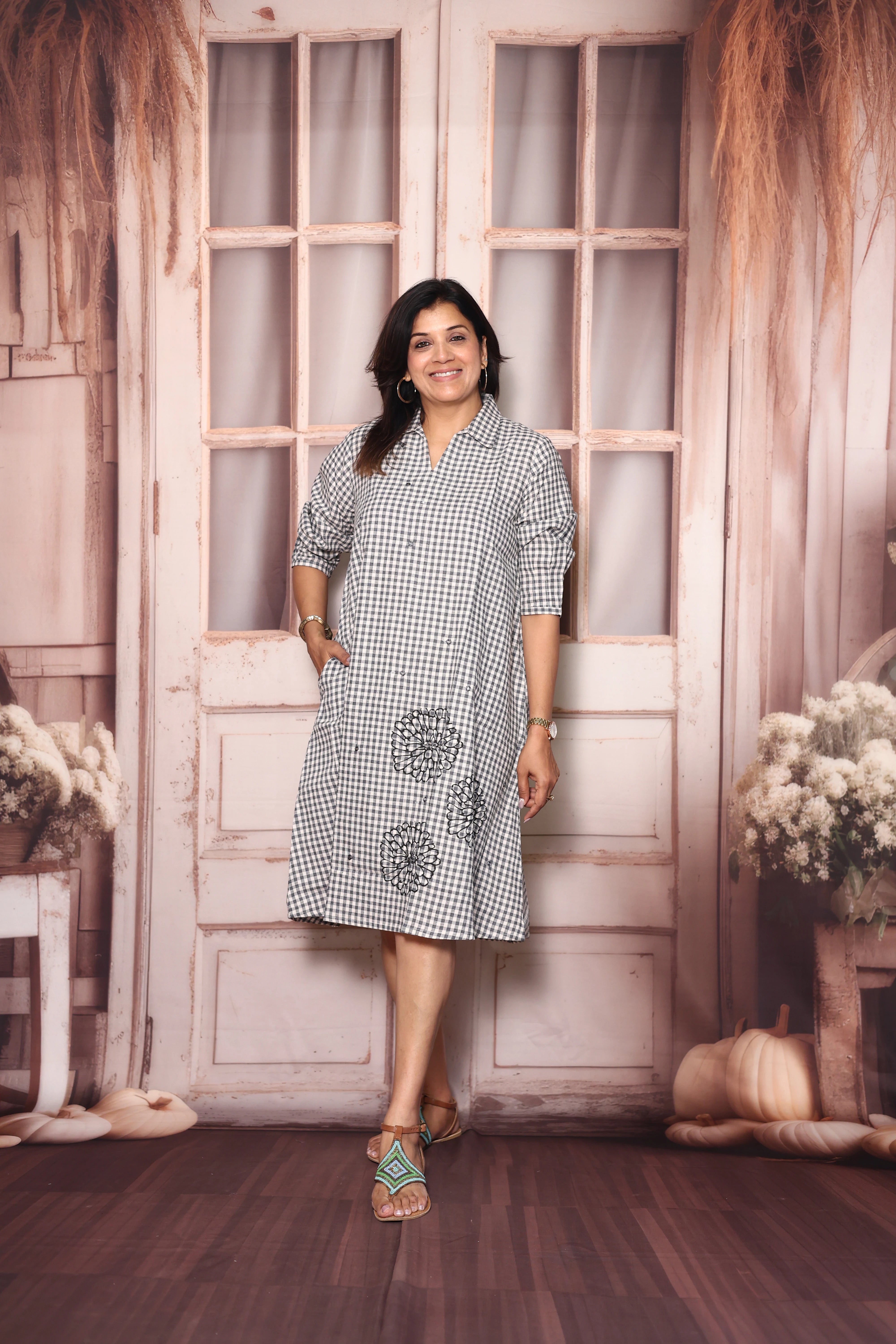 White & Grey Checks Print Cotton One Piece Dress | Mirror Work & Floral Print Casual Wear