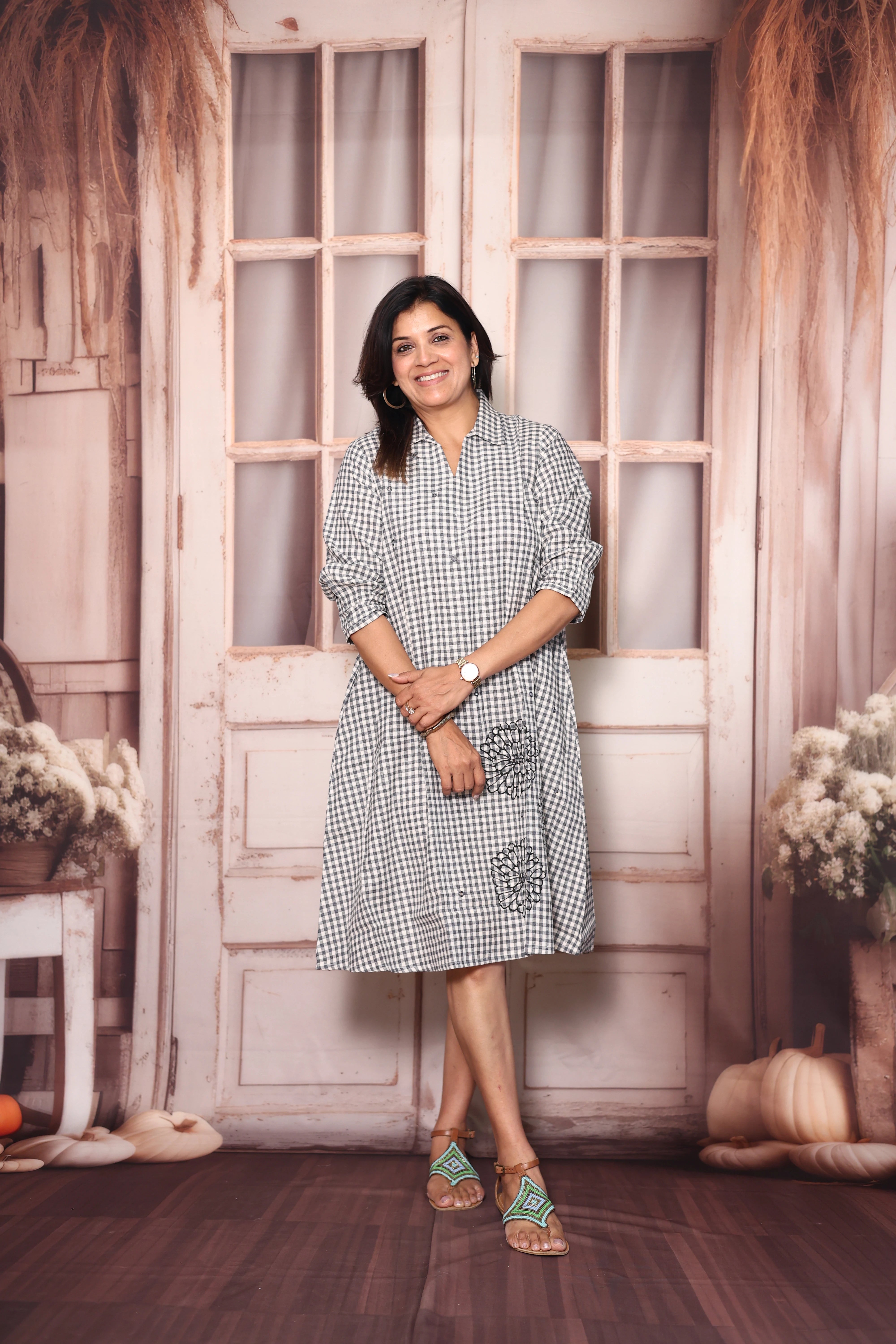 White & Grey Checks Print Cotton One Piece Dress | Mirror Work & Floral Print Casual Wear
