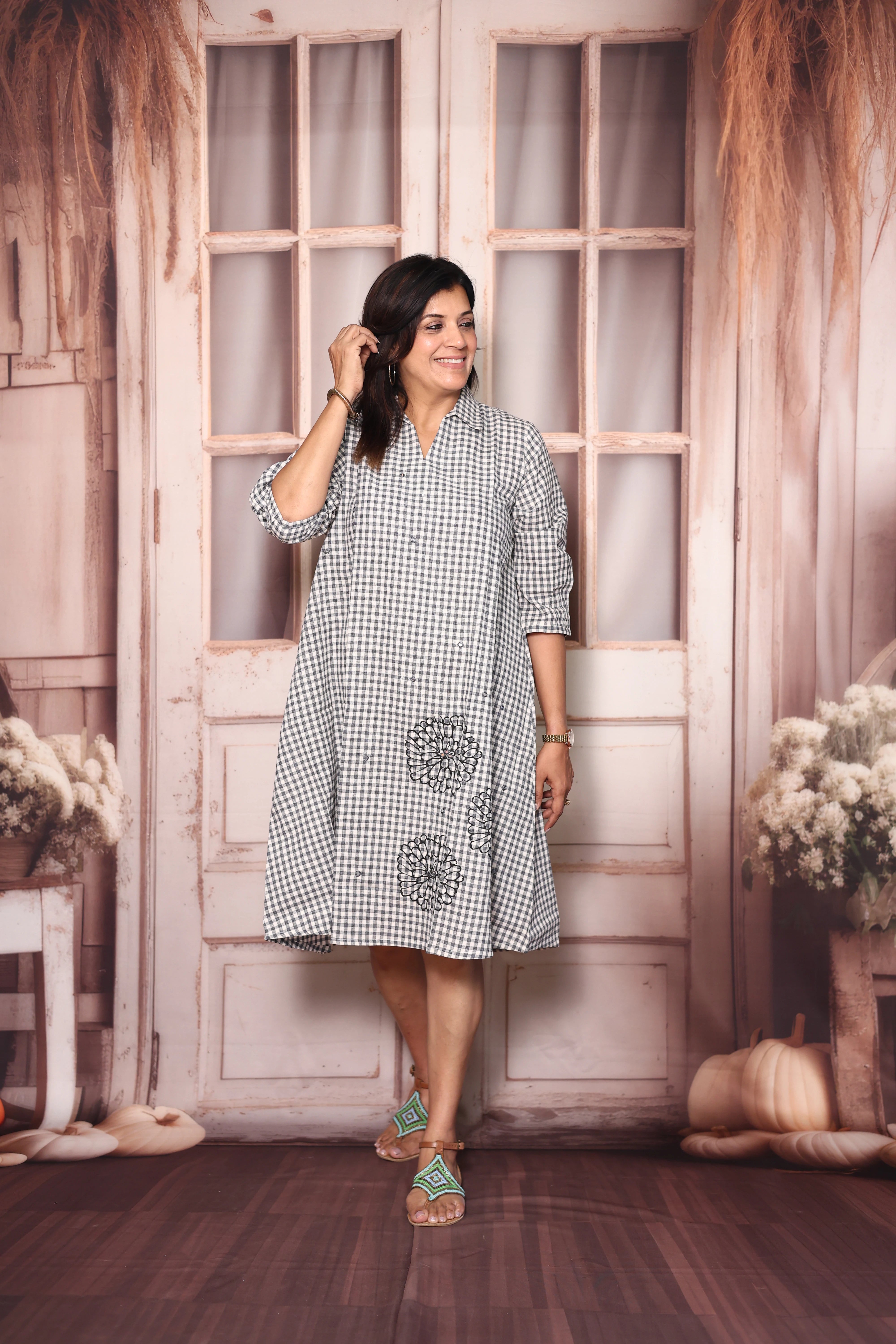 White & Grey Checks Print Cotton One Piece Dress | Mirror Work & Floral Print Casual Wear