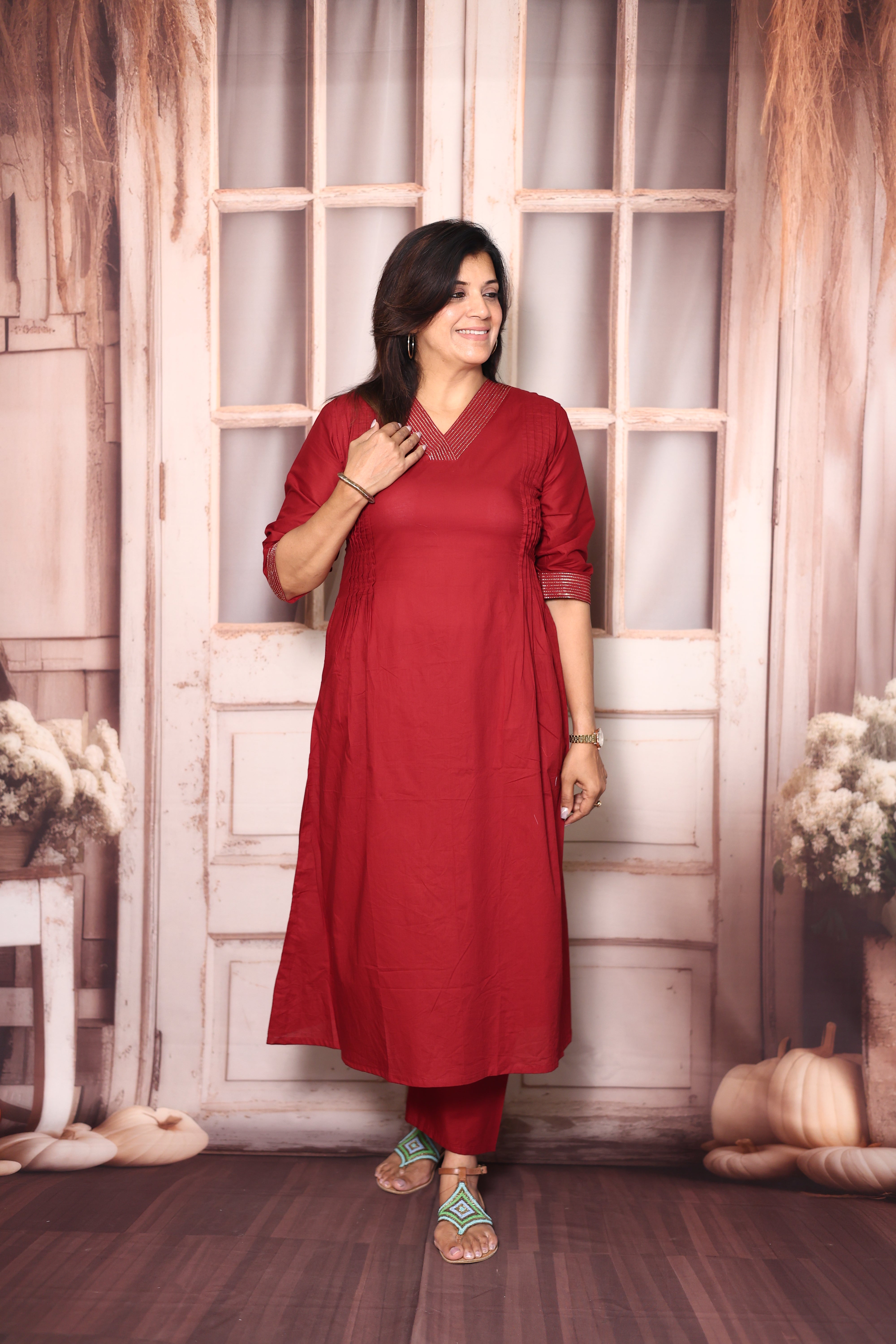 Maroon Solid A-Line Kurti Palazzo Set | Soft Cotton Everyday Ethnic Wear