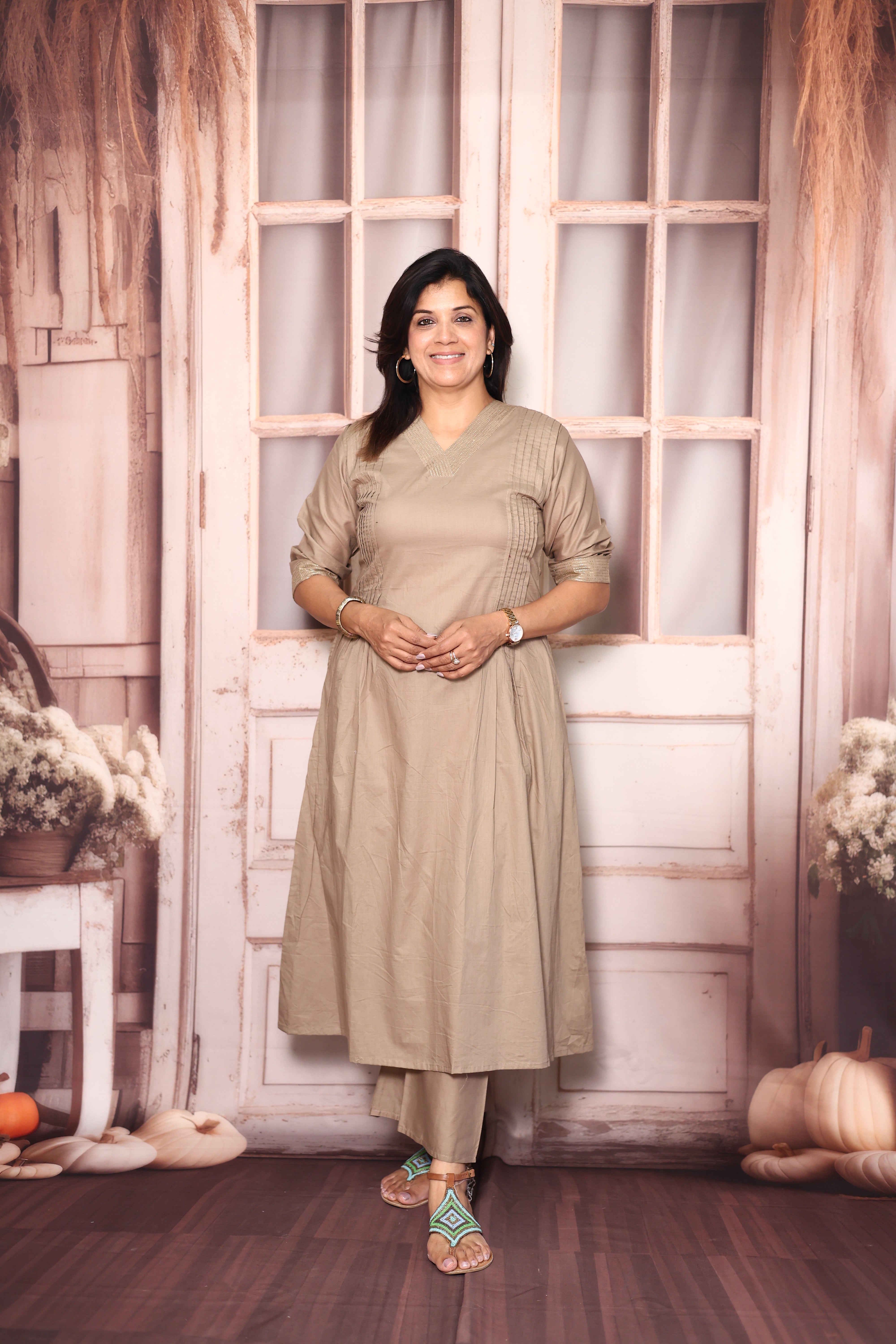 Dull Beige Solid A-Line Kurti Palazzo Set | Soft Cotton Everyday Ethnic Wear