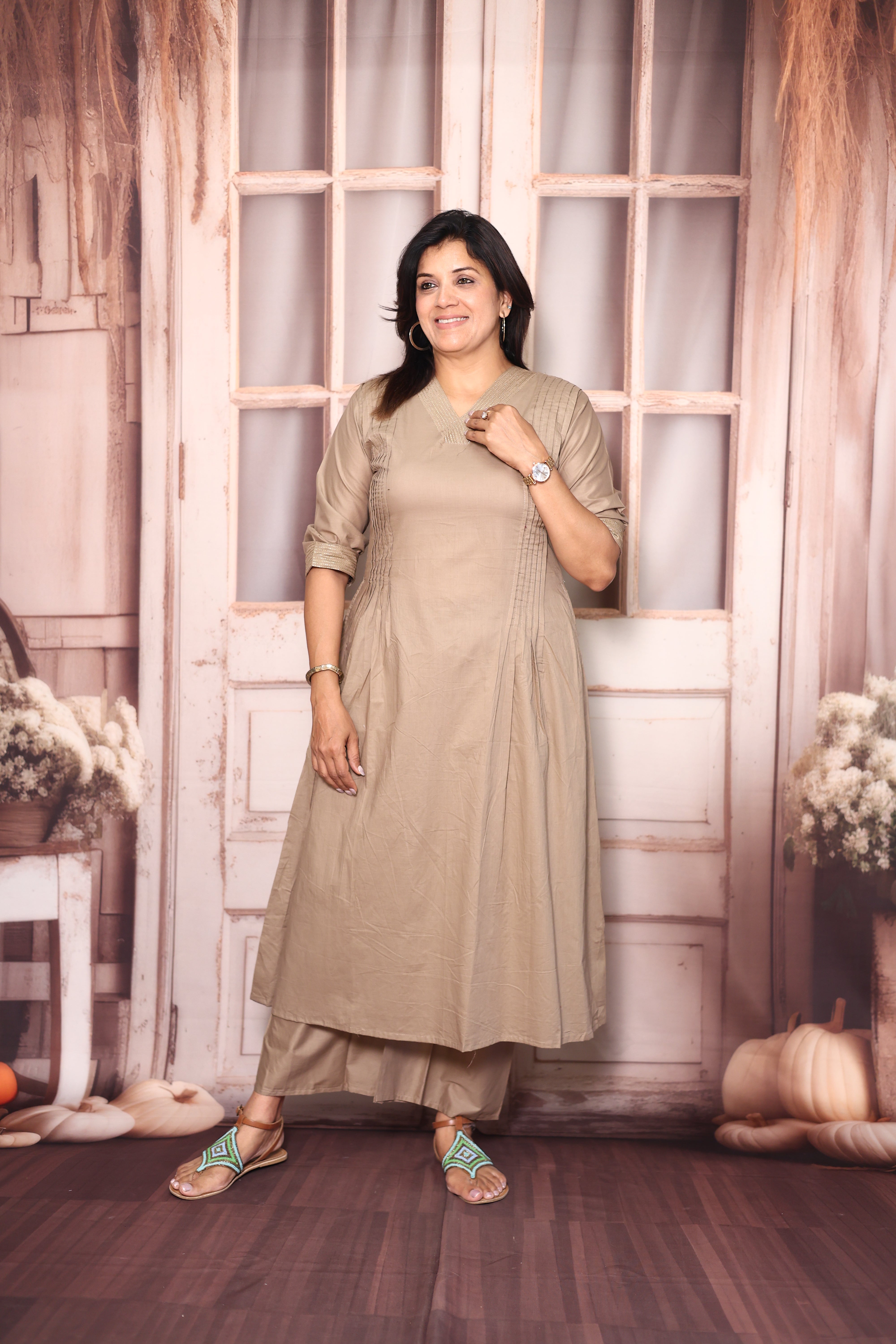 Dull Beige Solid A-Line Kurti Palazzo Set | Soft Cotton Everyday Ethnic Wear