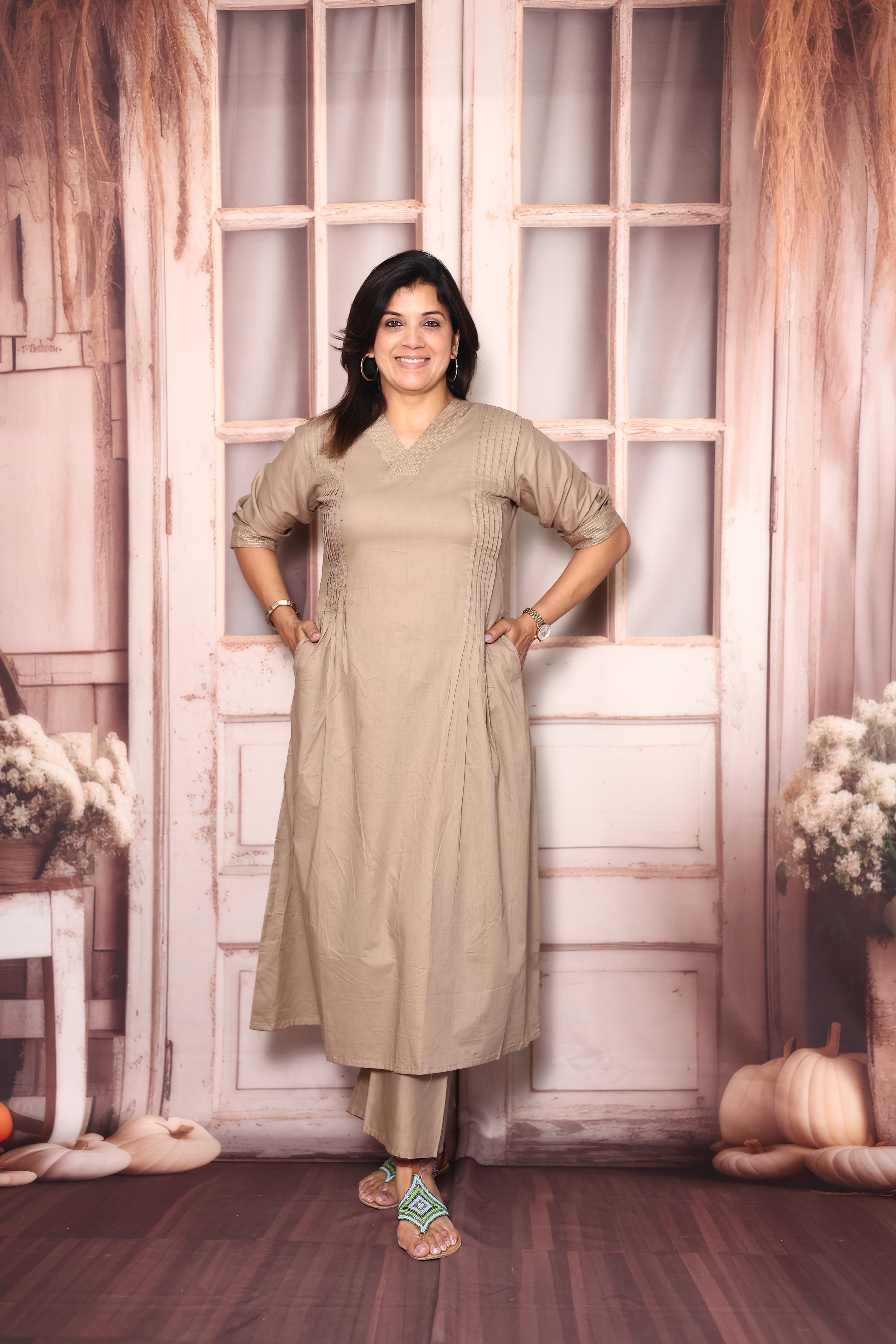 Dull Beige Solid A-Line Kurti Palazzo Set | Soft Cotton Everyday Ethnic Wear