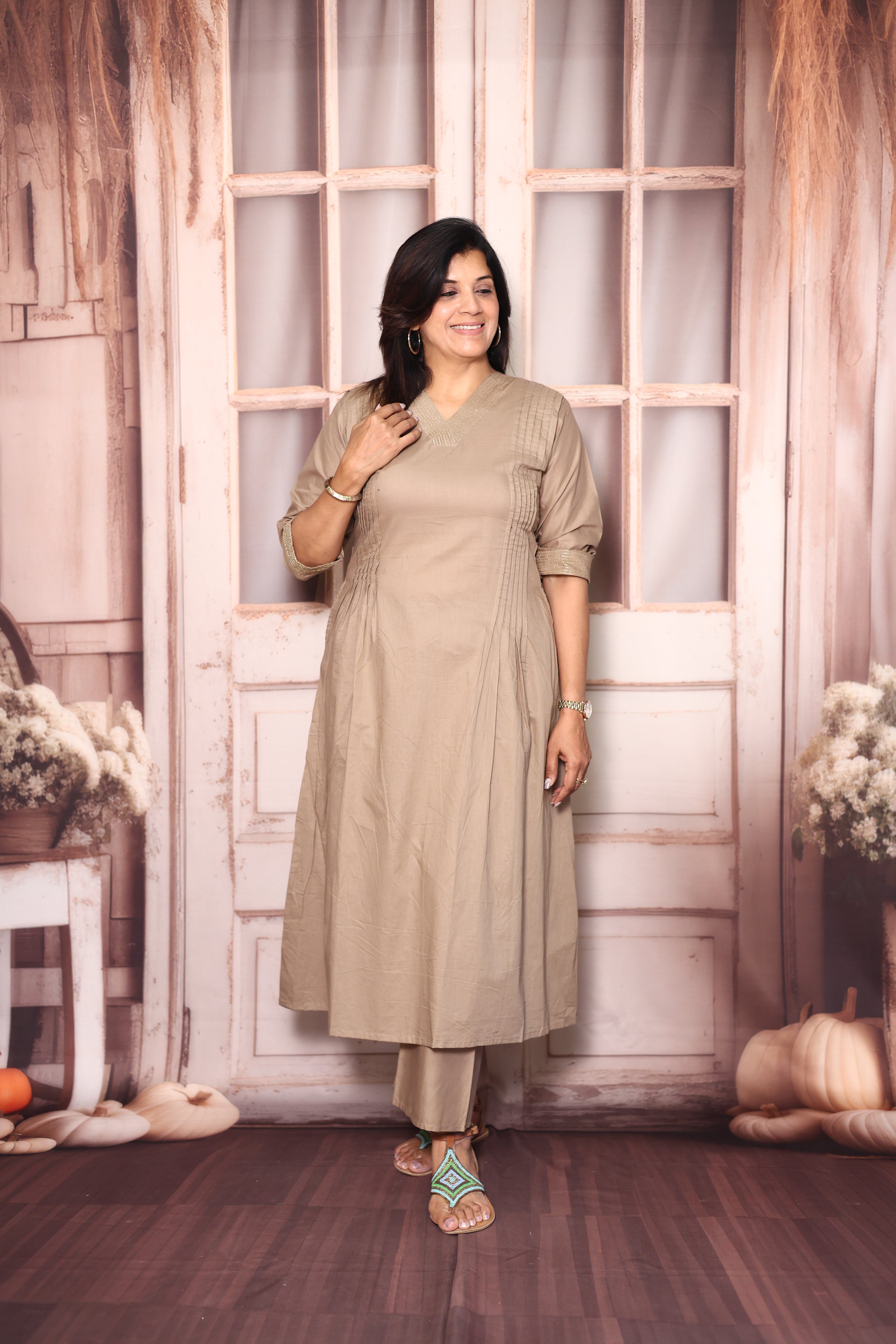 Dull Beige Solid A-Line Kurti Palazzo Set | Soft Cotton Everyday Ethnic Wear
