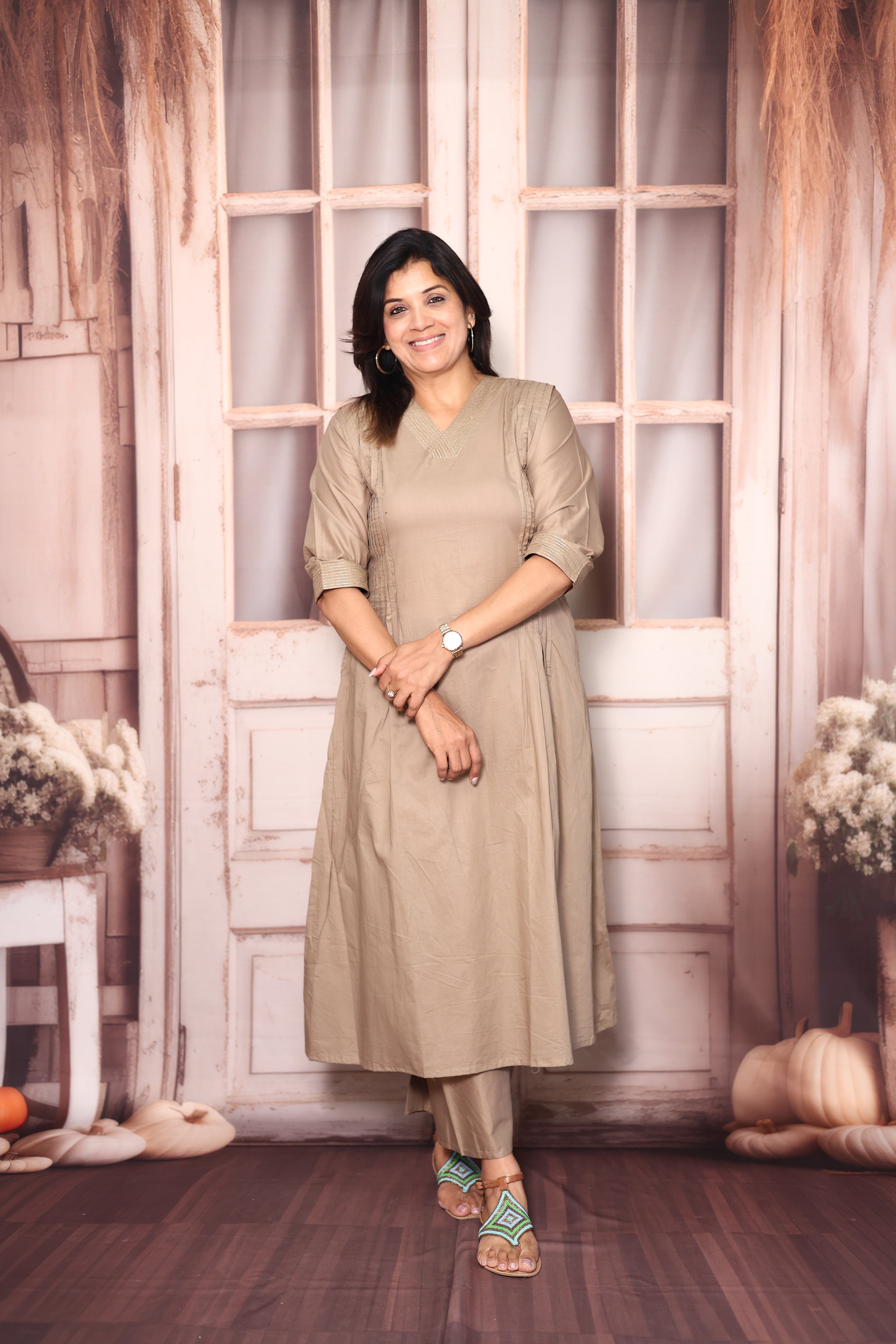 Dull Beige Solid A-Line Kurti Palazzo Set | Soft Cotton Everyday Ethnic Wear