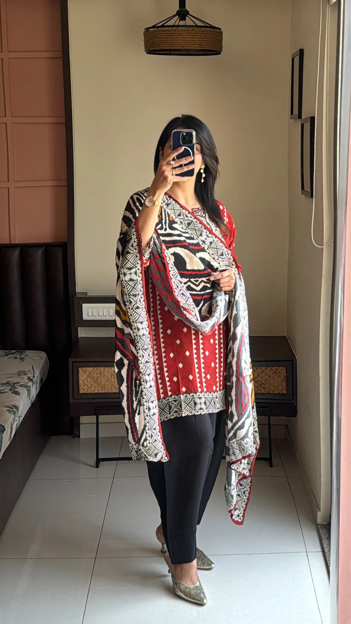 Red & Black Short Kurti with Farsi Salwar & Dupatta | Ajrakh Print, Sequin & Mirror Work