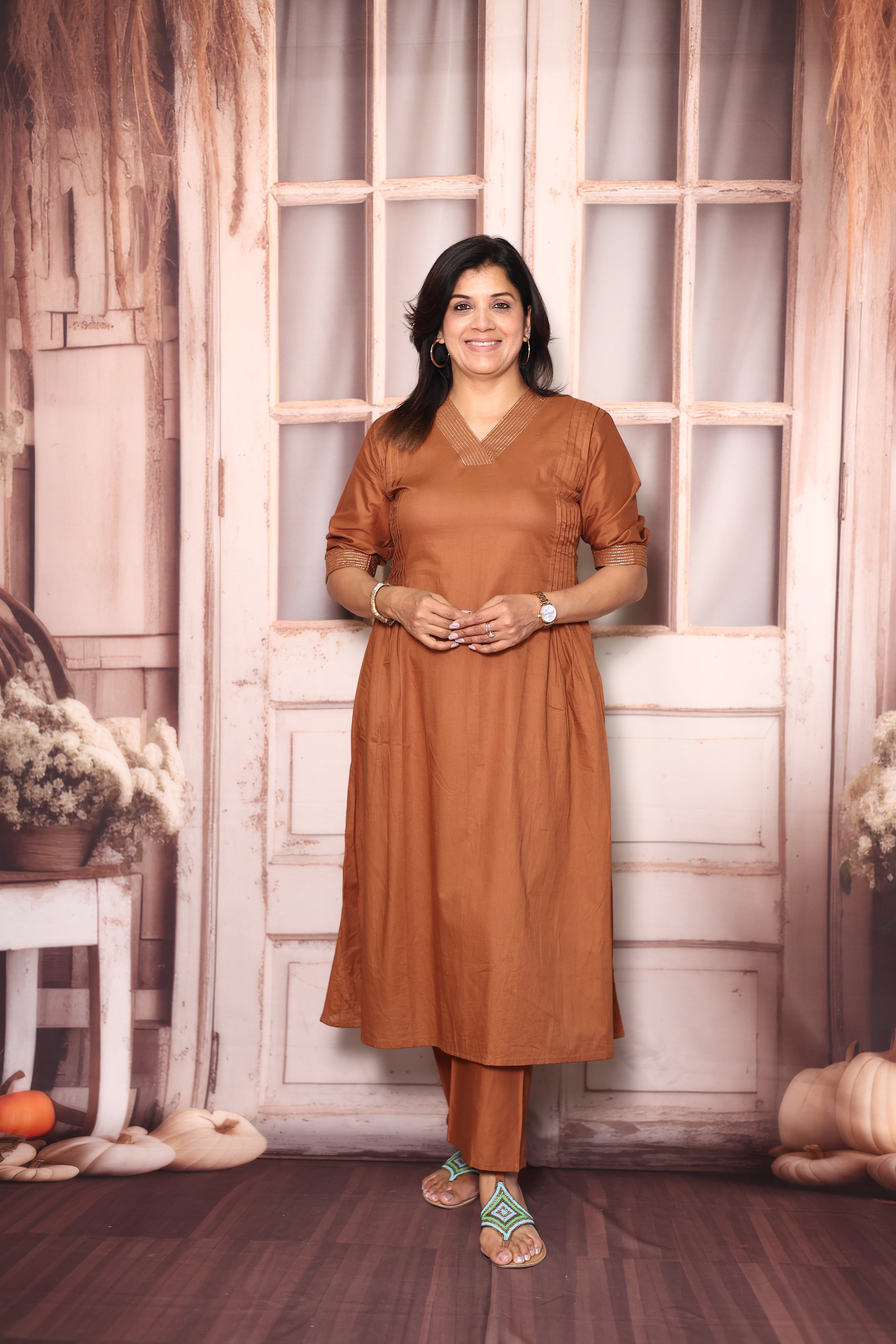 Dull Rust Solid A-Line Kurti Palazzo Set | Soft Cotton Everyday Ethnic Wear