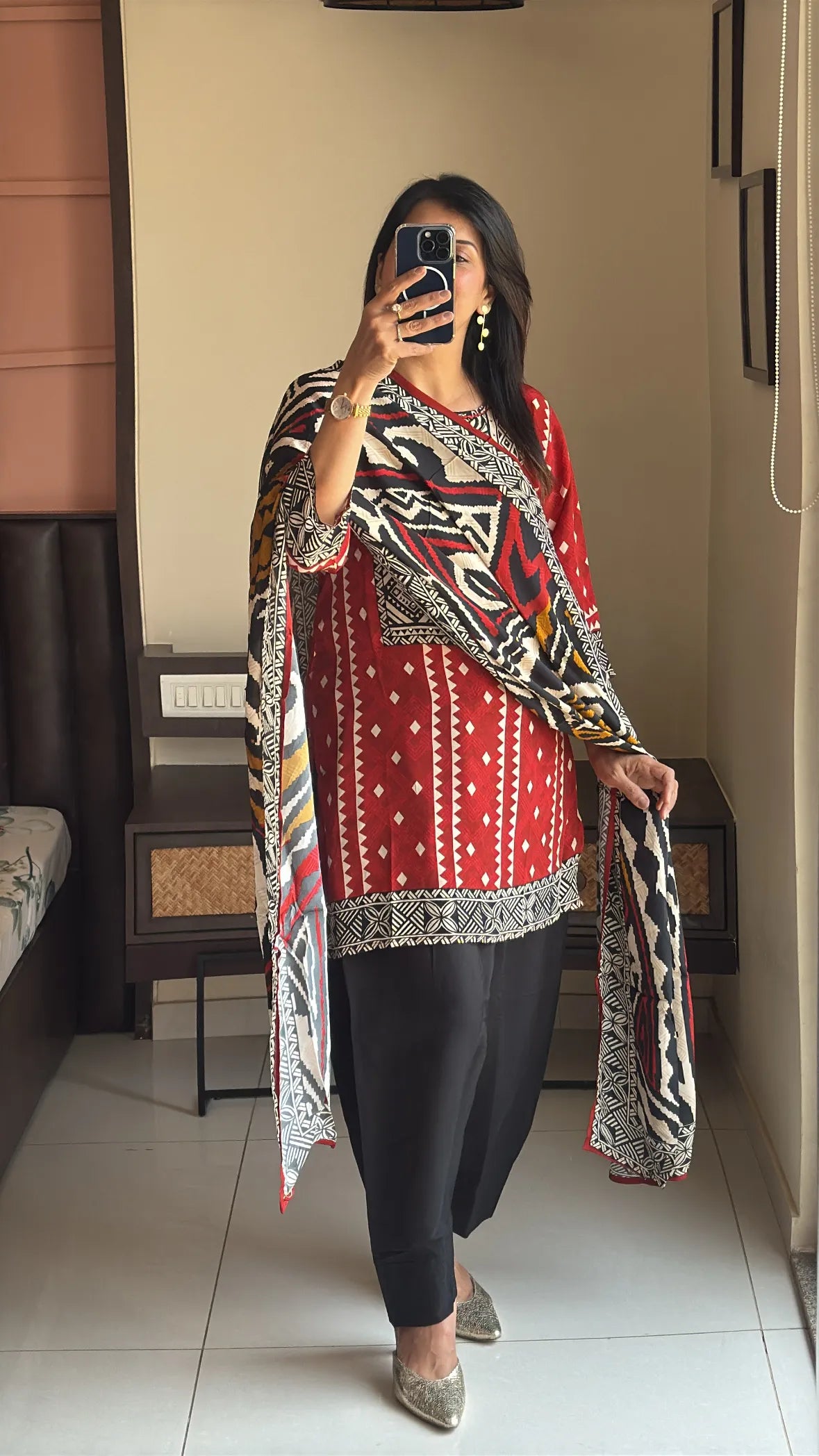 Red & Black Short Kurti with Farsi Salwar & Dupatta | Ajrakh Print, Sequin & Mirror Work