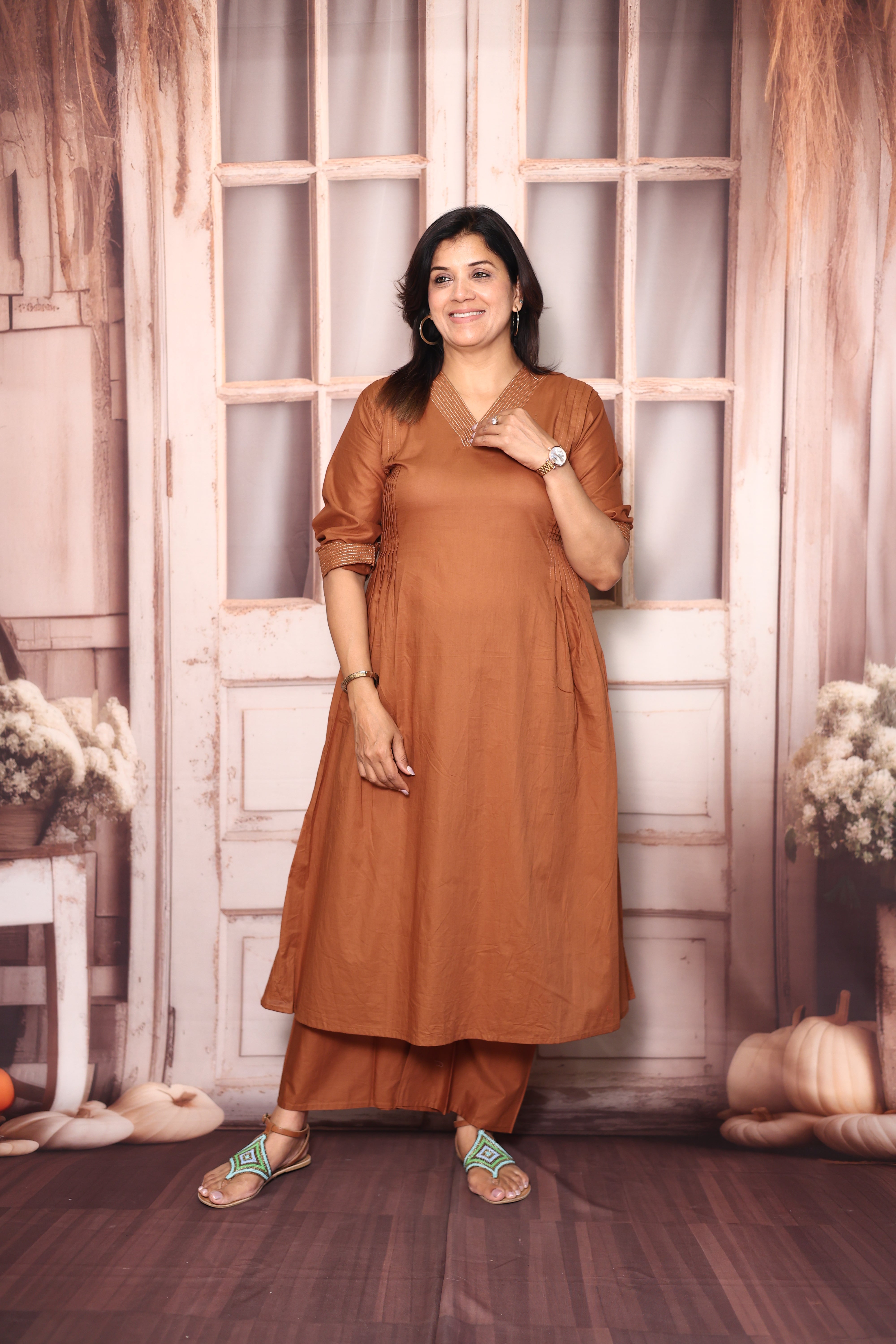 Dull Rust Solid A-Line Kurti Palazzo Set | Soft Cotton Everyday Ethnic Wear
