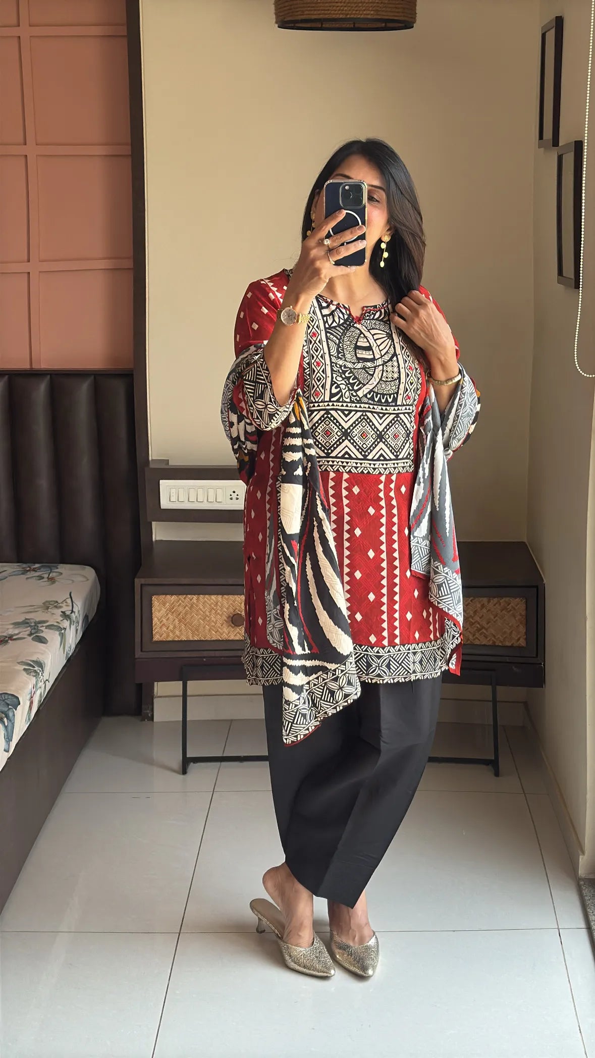 Red & Black Short Kurti with Farsi Salwar & Dupatta | Ajrakh Print, Sequin & Mirror Work