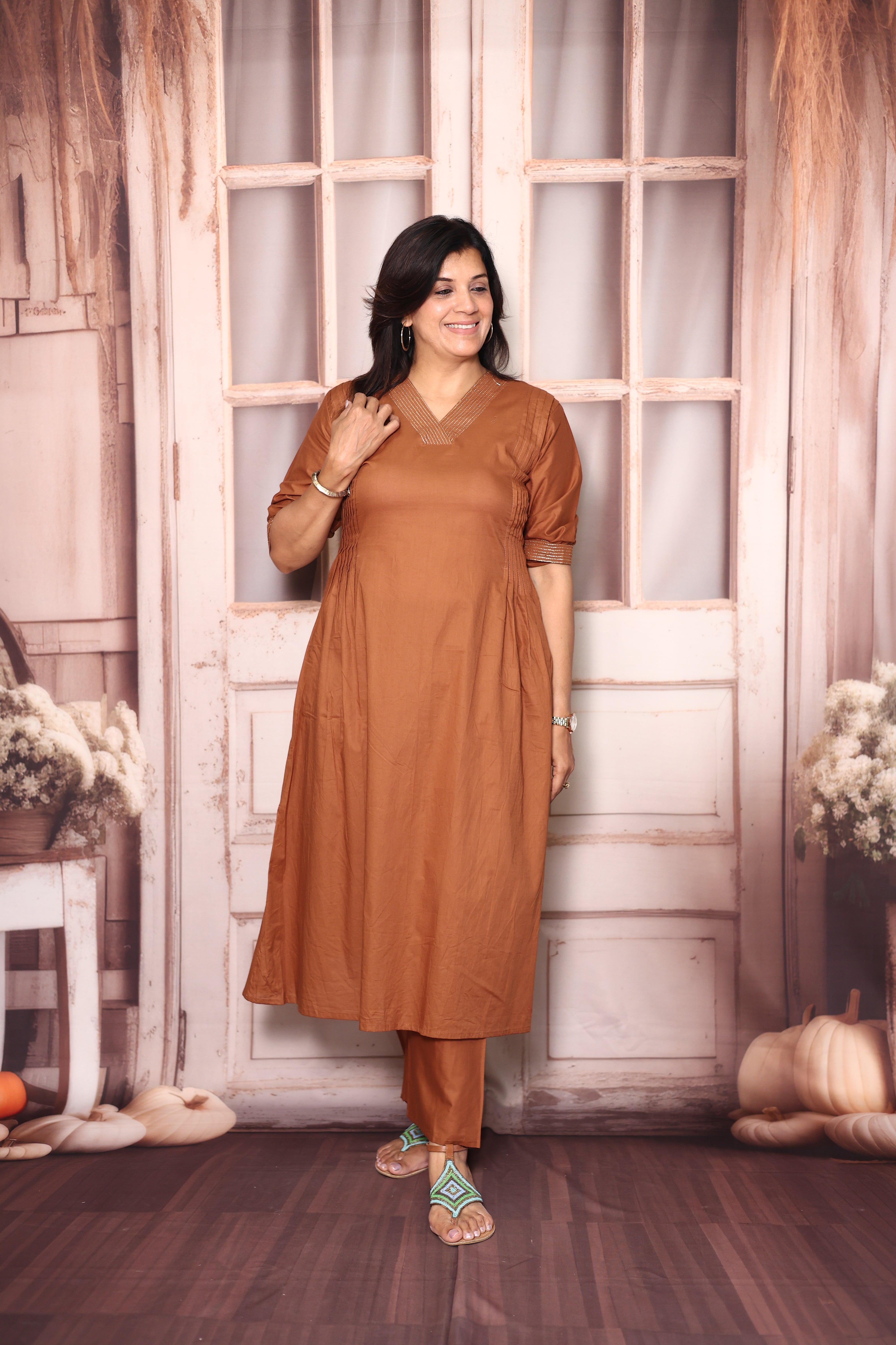 Dull Rust Solid A-Line Kurti Palazzo Set | Soft Cotton Everyday Ethnic Wear